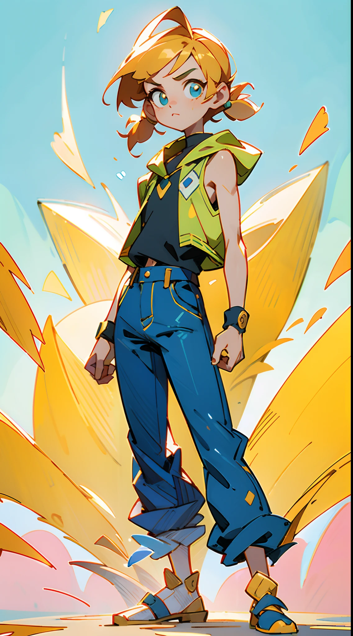 An 11-year-old boy with golden hair, Center-parted hairstyle, a cunning gaze, a slender figure, a fantasy-realistic style blue sleeveless vest with a hood, a yellow-green undershirt, blue jeans, Within a medieval town of fantasy style, this character embodies a finely crafted child with a fantasy-realistic style in anime style, characterized by an exquisite and mature manga illustration art style, full body character drawing, high definition, best quality, highres, ultra-detailed, ultra-fine painting, extremely delicate, professional, anatomically correct, symmetrical face, extremely detailed eyes and face, high quality eyes, creativity, RAW photo, UHD, 8k, Natural light, cinematic lighting, masterpiece-anatomy-perfect, masterpiece:1.5