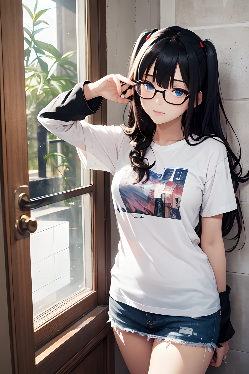 A dark-haired、Drink coffee in your room、morning、white t-shirts、dishevled hair、slovenly、Cross-eyed、Drunk、Turned、( Silly / Sexual ecstasy)、Turned、eye glass、top-quality, Photorealistic, An ultra-fine illustrations, beautiful attractive anime girl, miku hatsune, Slender body, Tied hair, one girls, a photo of girl, Full body shot, Beautiful blue eyes, Turned,