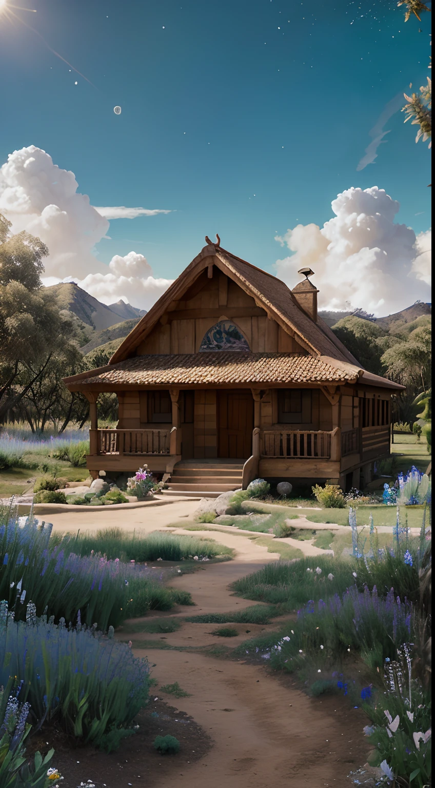 ((La mejor calidad)), ((Obra maestra)), ((ultra realista)), (dia)),luna , bosque con cielo, muchas nubes , cabin, flores , estrellas