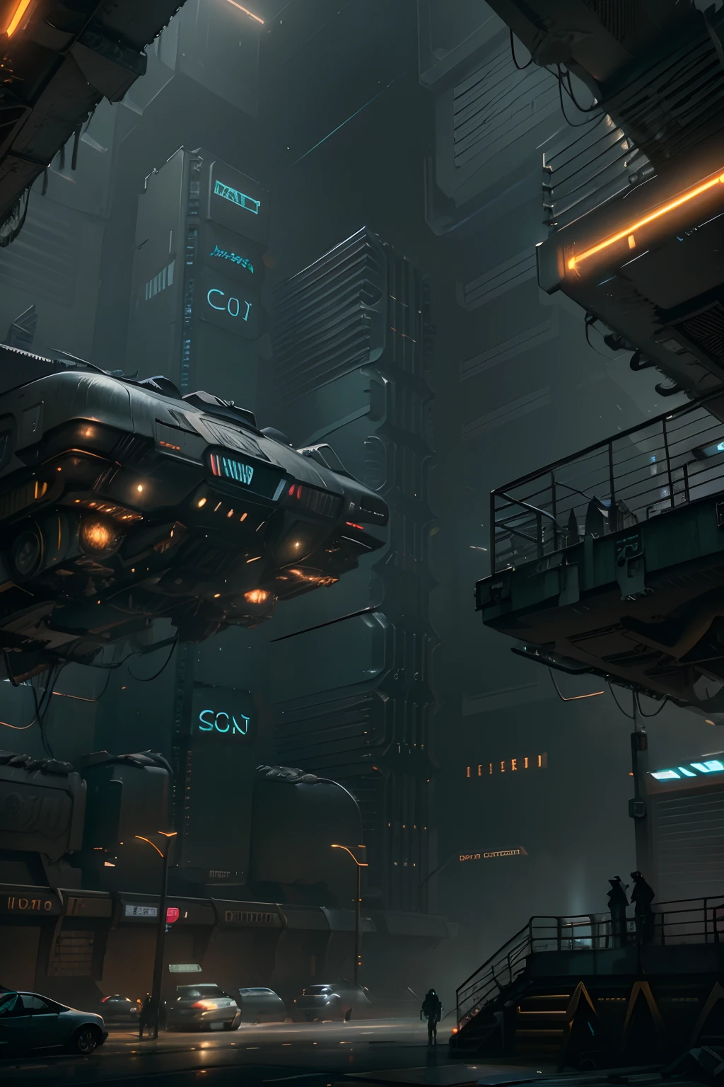 Cyberpunk Blade Runner cityscape street scene with towering skyscrapers, ((glowing neon signs)) and LED lights, traffic with (futuristic cyberpunk cars) and flying cars in the sky, bright colors contrasting with dark atmosphere, (cinematic lighting), extremely detailed.