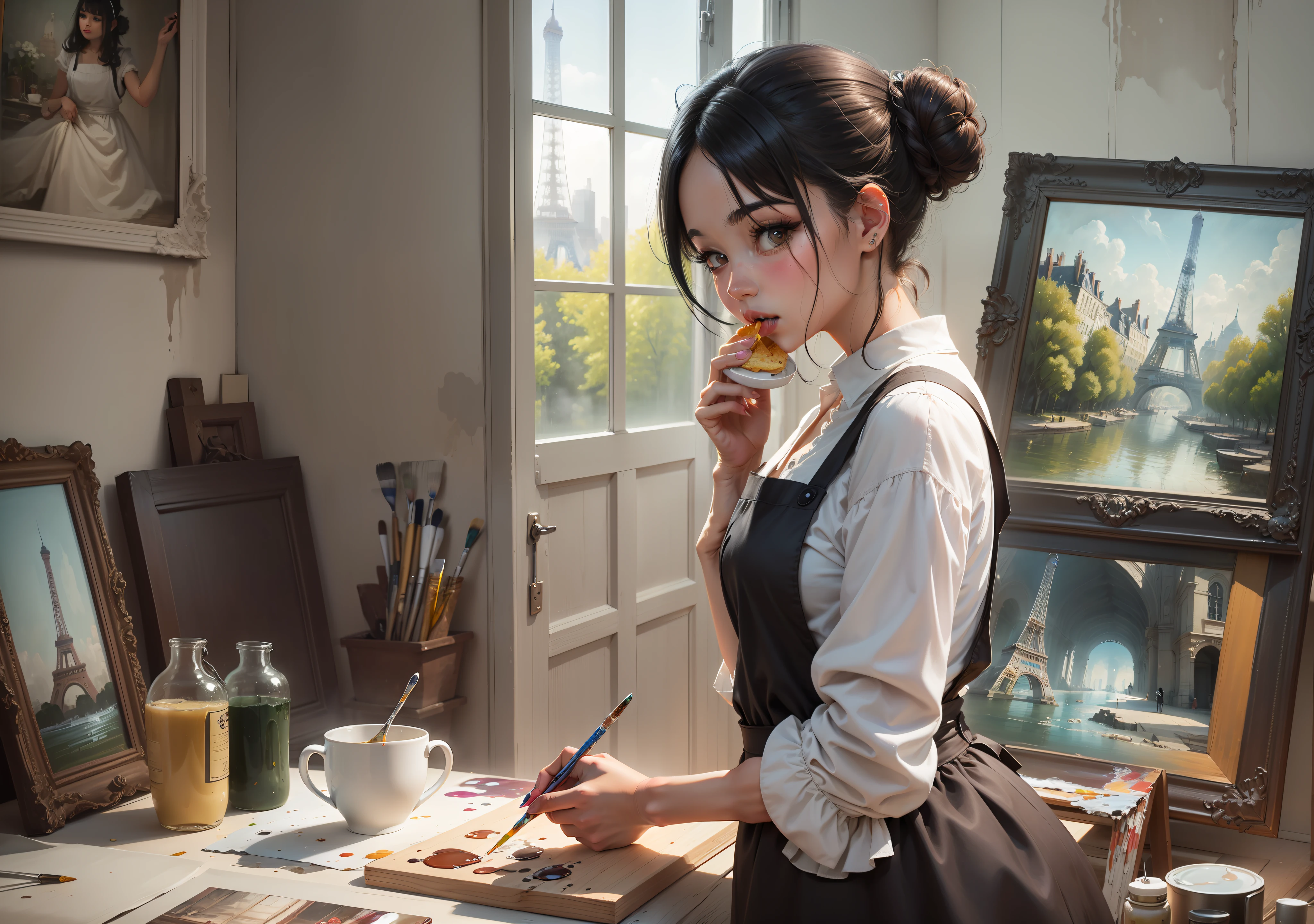 a girl with black hair and bun brown eyes white skin she is in apron the apron is dirty with paint and she is wearing a white dress and is. painting a picture in the frame has a painting of the Eiffel tower and is eating a snack is in your house