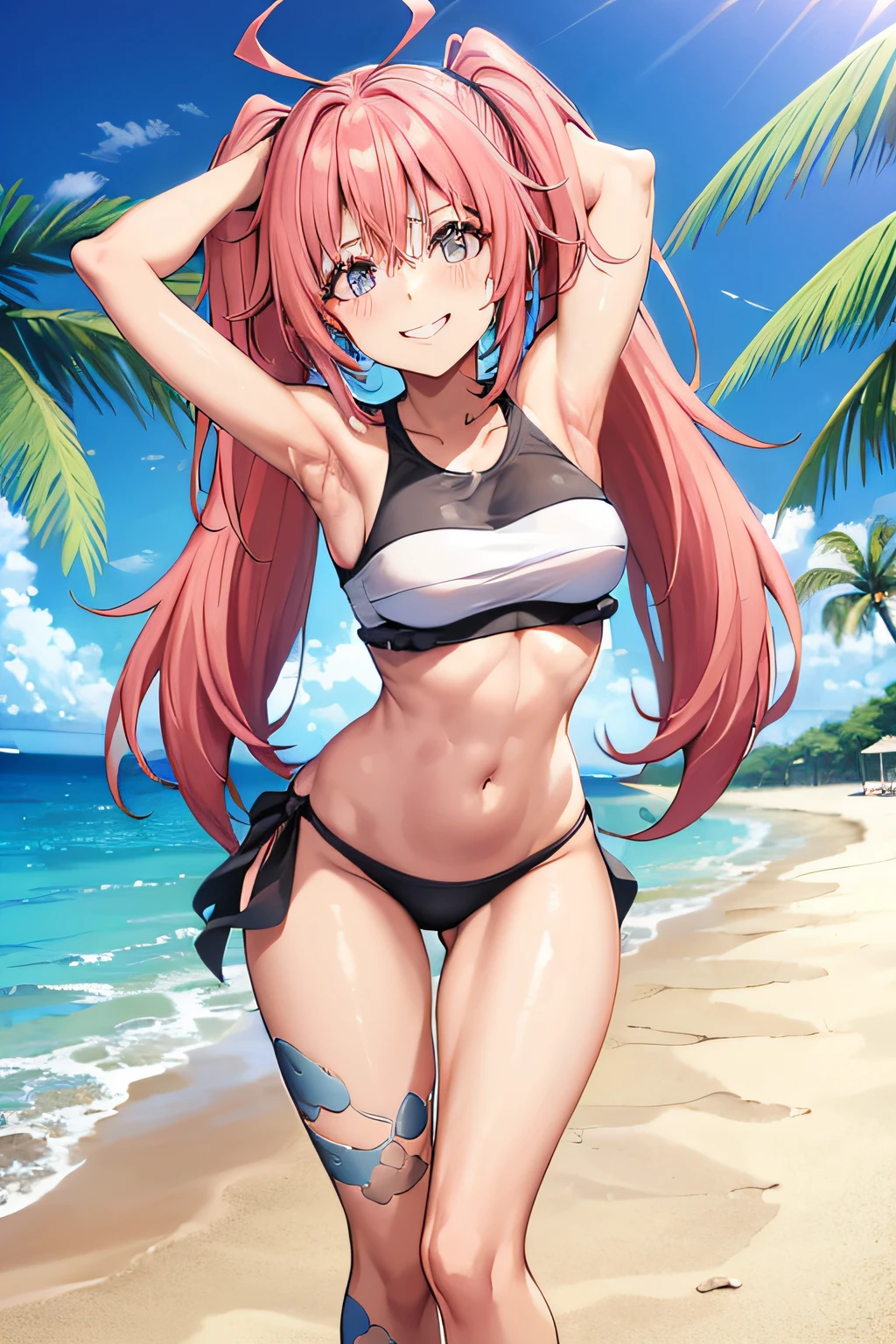 ((female)), (very messy hair), (sorriso feliz), Presas, ((abdominais rasgados)), Toned arms and legs, middle boobs, Suor excessiva, (Summer beach scenery), brincando com bola de praia, olhos azuis, barefoot, standing on her feet, foto de corpo inteiro