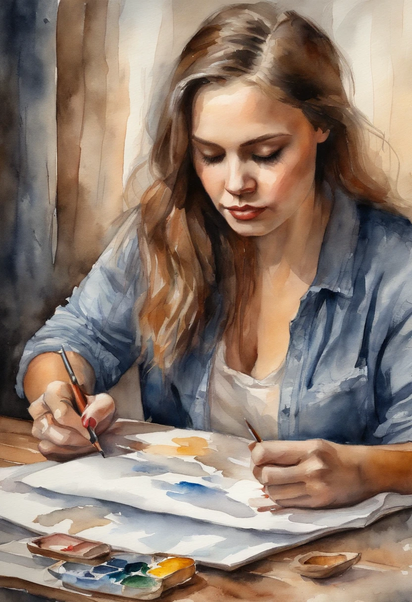 A girl drawing herself in a canvas