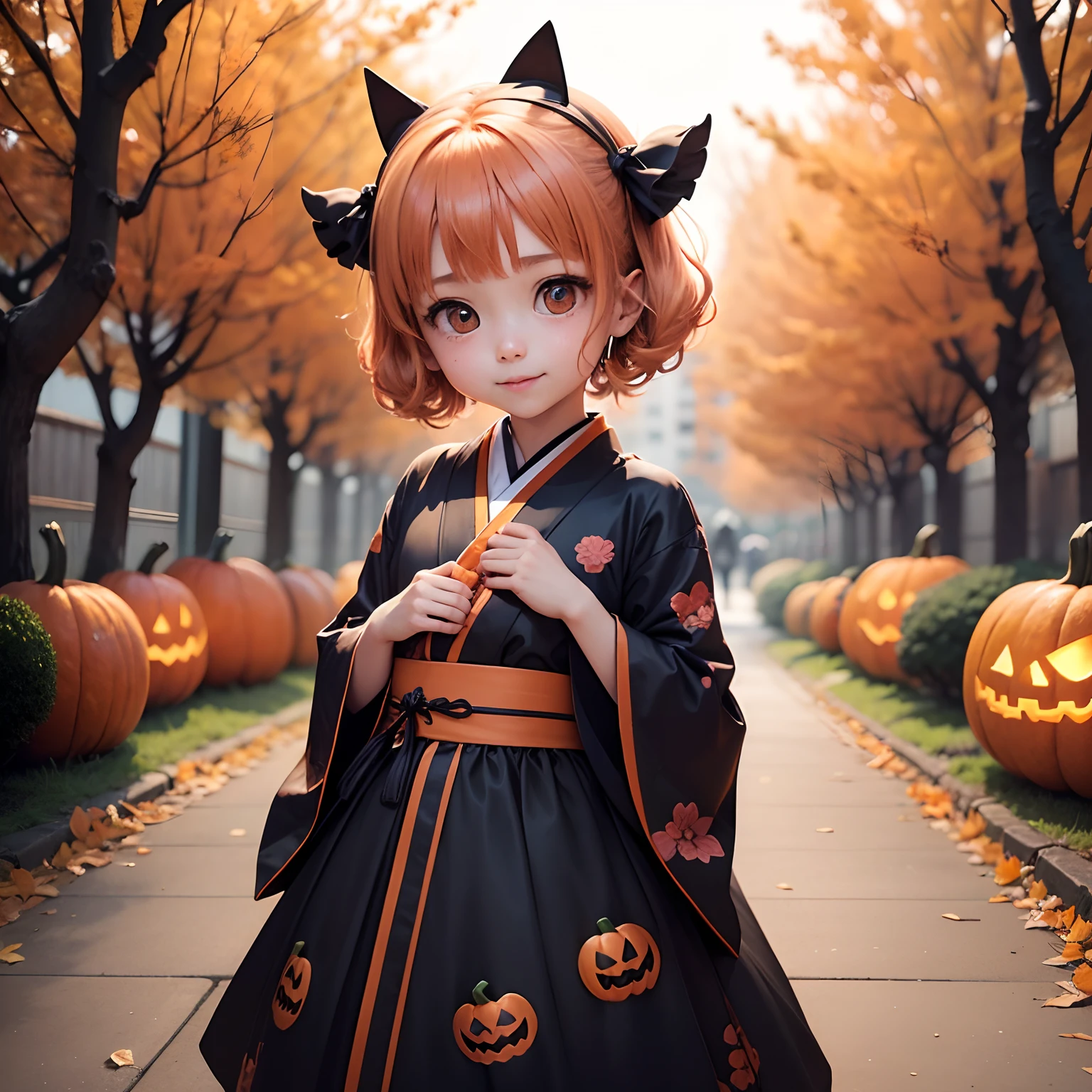masterpiece、top-quality、ultra-detailliert、(Chibi Chara's Daughter:1.3)、(カボチャのブローチ🎃をモチーフにした暗い着物:1.3),(カボチャのブローチをモチーフ🎃にした日本の髪飾り:1.2)、カボチャモチーフ🎃のハンドバッグ、Standing、A smile、Autumn Japan Garden、Halloween version、Chibi Chara