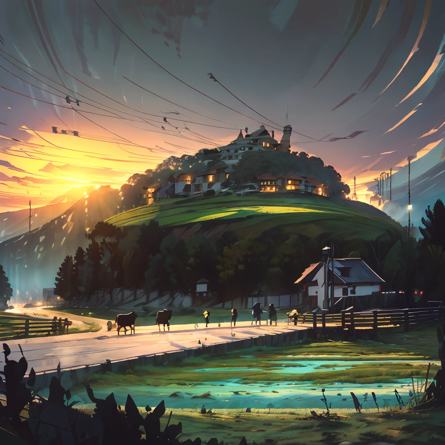 Very small hill with huts, brick and stone houses of a typical Indian village, banyan tree in the center, warm and vibrant colors, detailed textures, high-resolution(4k,8k) visual representation, realistic lighting, professional painting style, vivid and lively scenery, village atmosphere with locals engaged in their daily activities, traditional clothing, vibrant market scene with fruits and vegetables, smoke coming out from the chimneys, birds flying in the sky, peaceful and serene ambiance, detailed strokes and brushwork, realistic portrayal of nature and architecture.