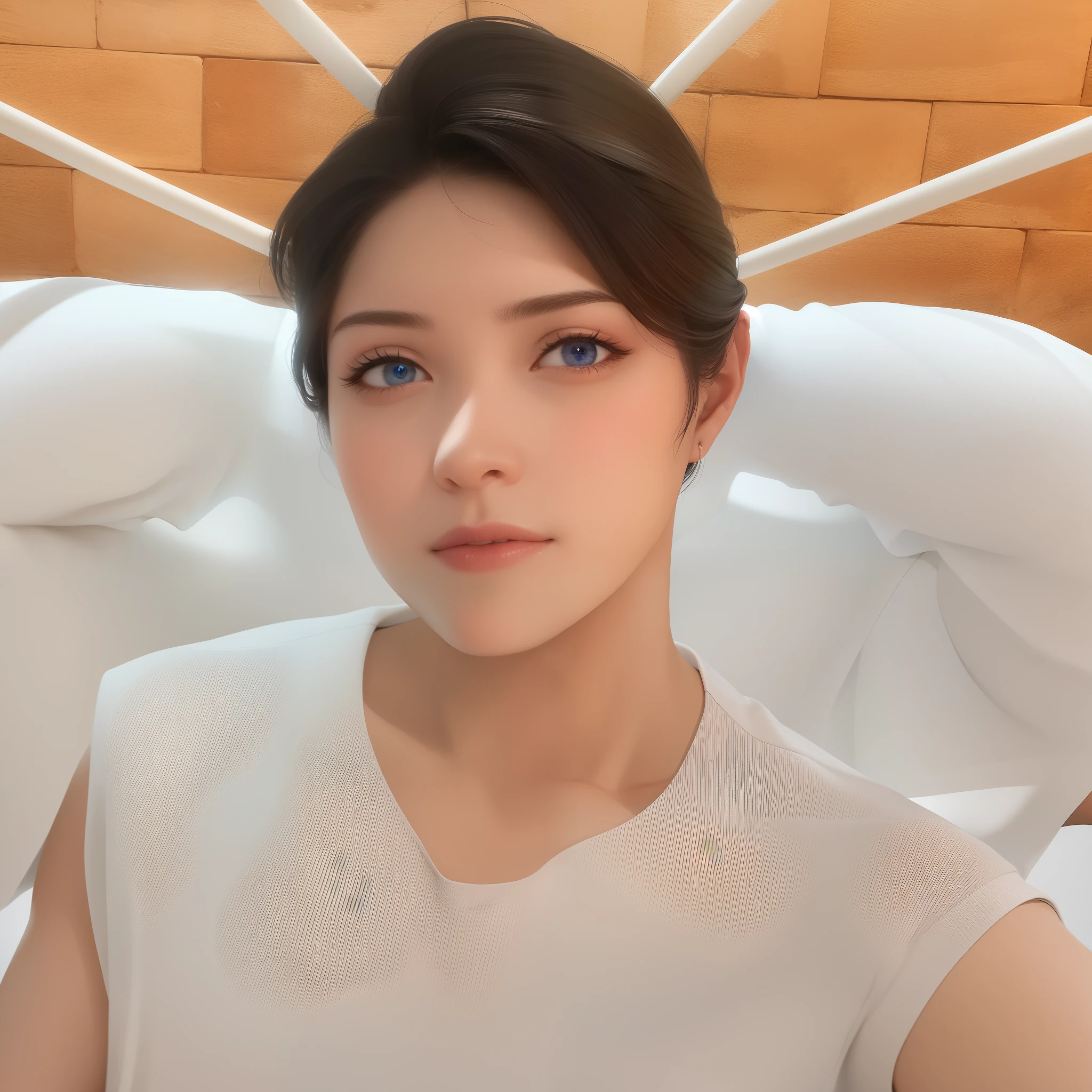 best quality, masterpiece, black hair, blue eyes, looking up, upper body