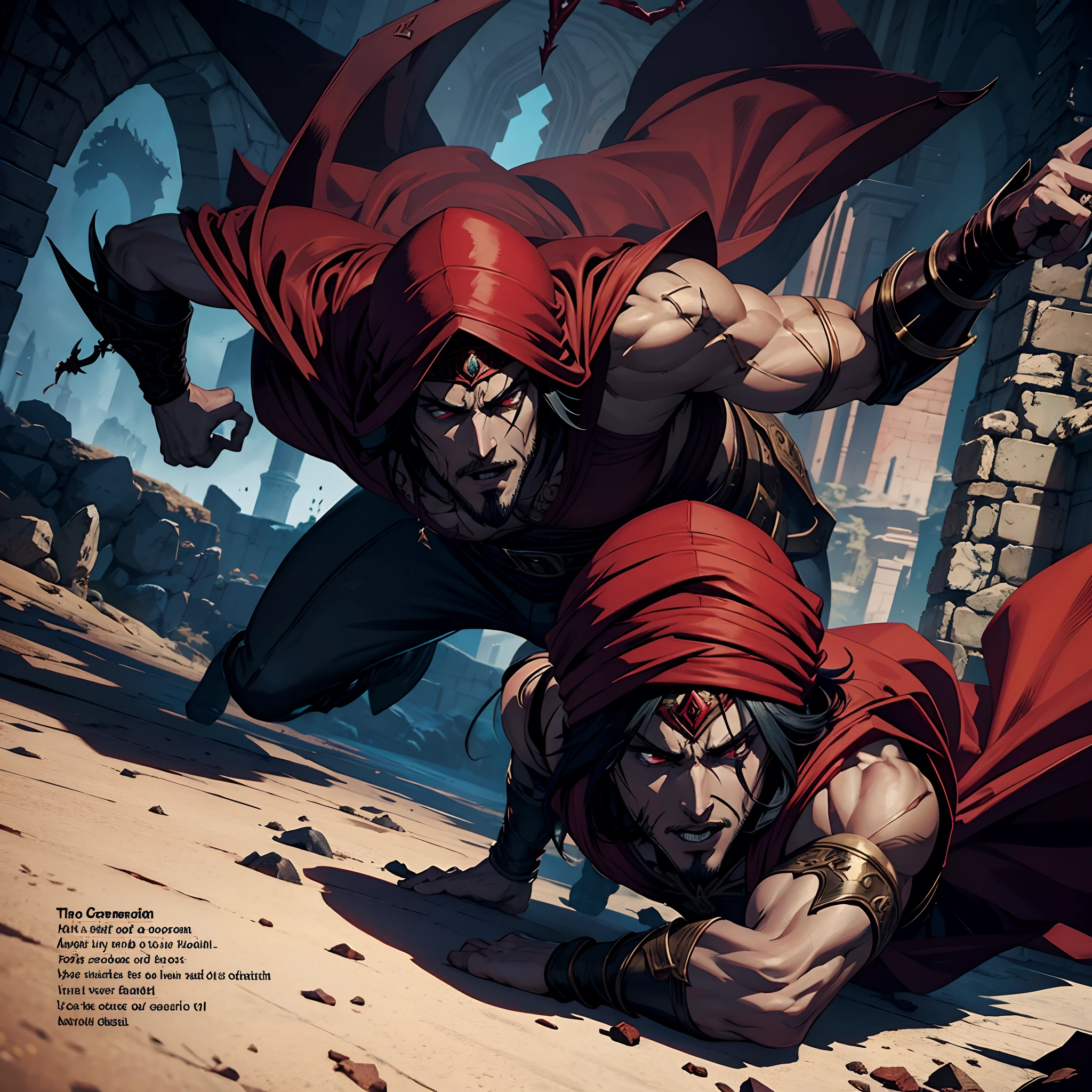 Lord Dracula Medieval Arab Warrior wearing Islamic Armor with a Red Turban Scary Face Hokuto no Ken Structure Muscular Face Scary Kenshiro marching with his army of 7 Moroccan avgueriers men