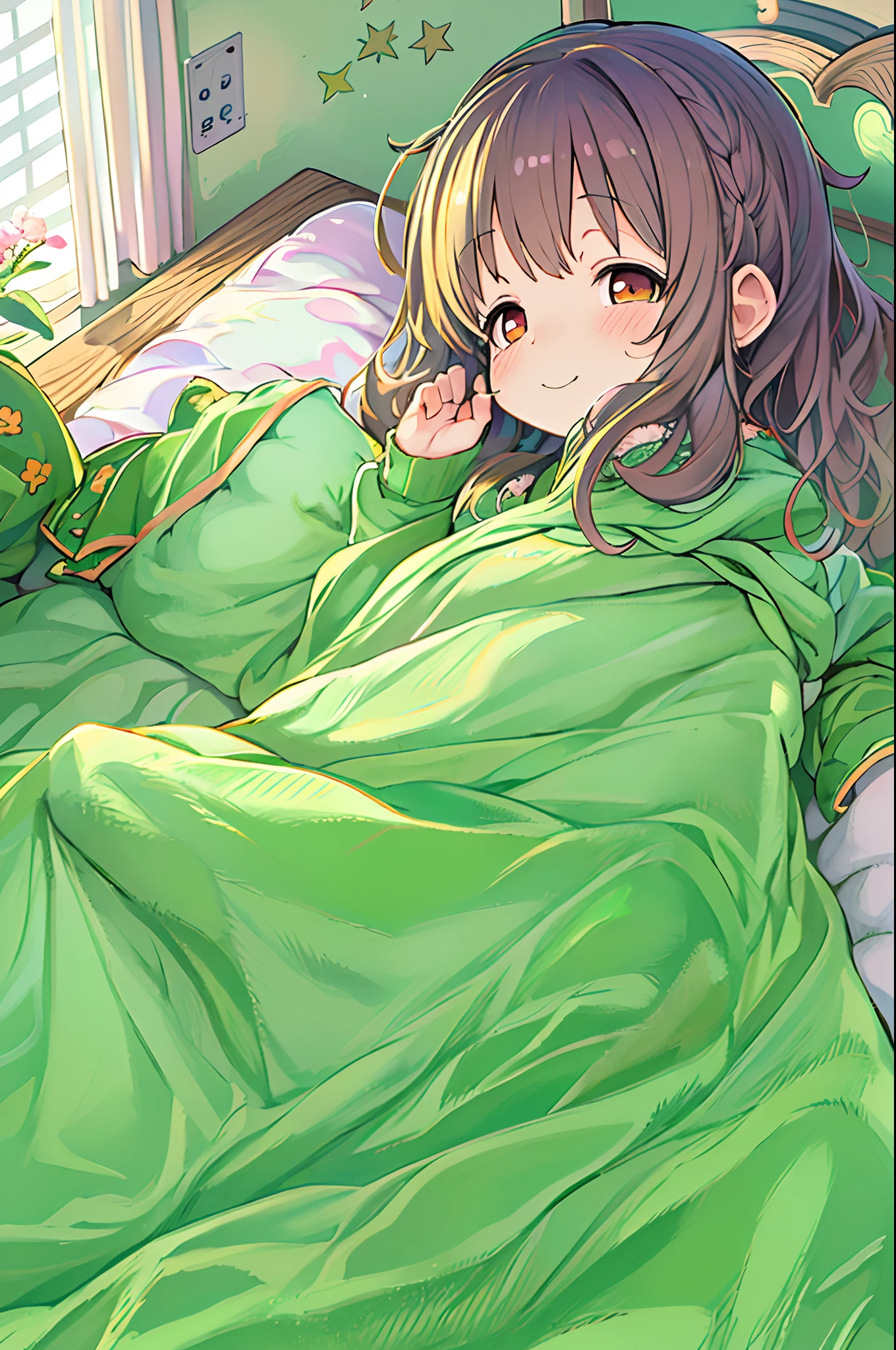 Anime girl lying on bed with green sheets and green blanket, Cute anime girl, cute kawaii girl, Cute Anime, extremely cute anime girl face, Anime visuals of cute girls, Cute anime face, (Anime Girl), Lying in bed, sleepy expression, little shy smile, small curvy , waking up, lyin in bed, portrait of cute anime girlbabes