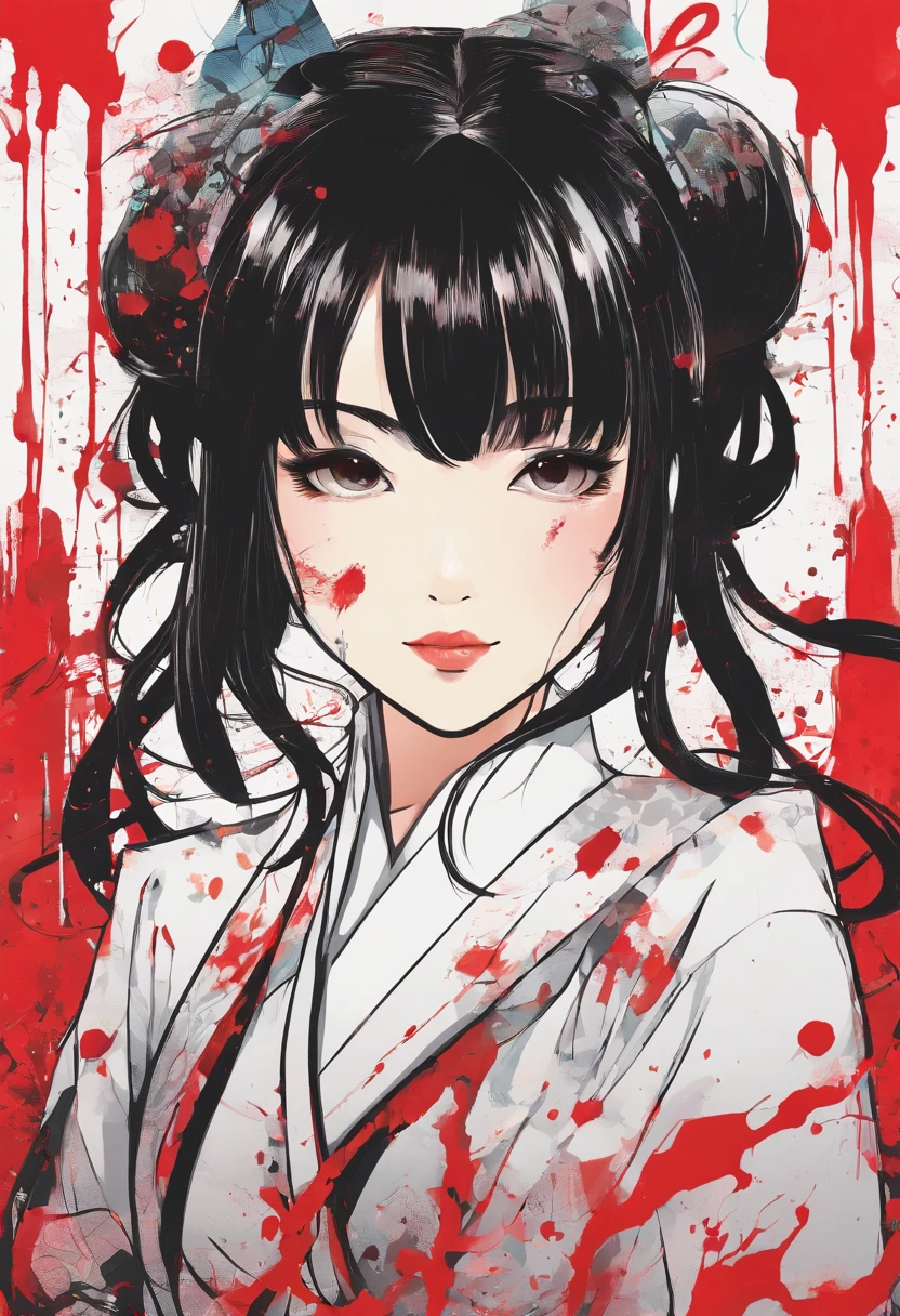 Asian girl with bangs and ponytail being bloody