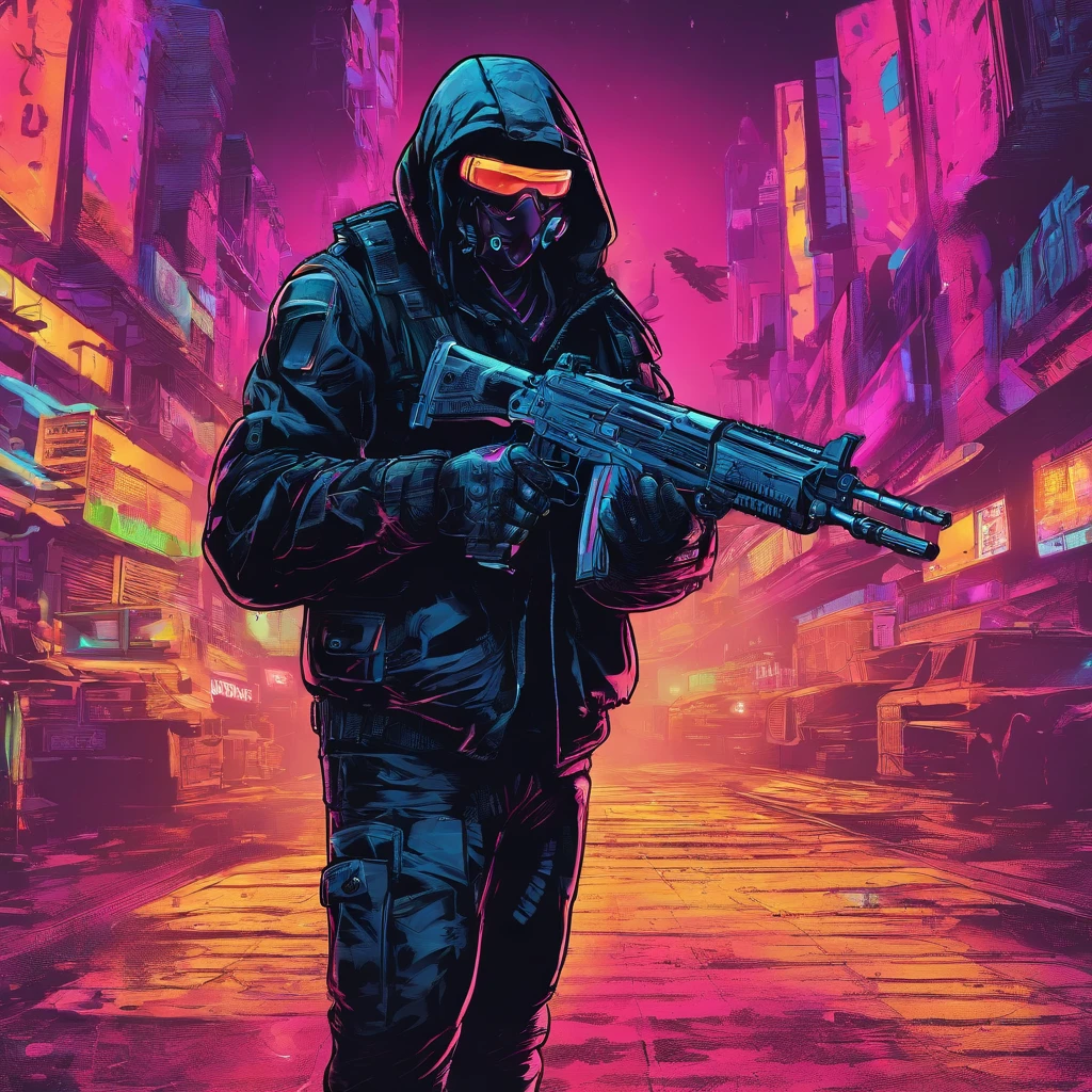 Man dressed all in black pointing at an AK47 in each hand at the camera with a black night background in the middle of the city at war, war scene, high quality portrait, against a deep black background, CSGO2, CSGO