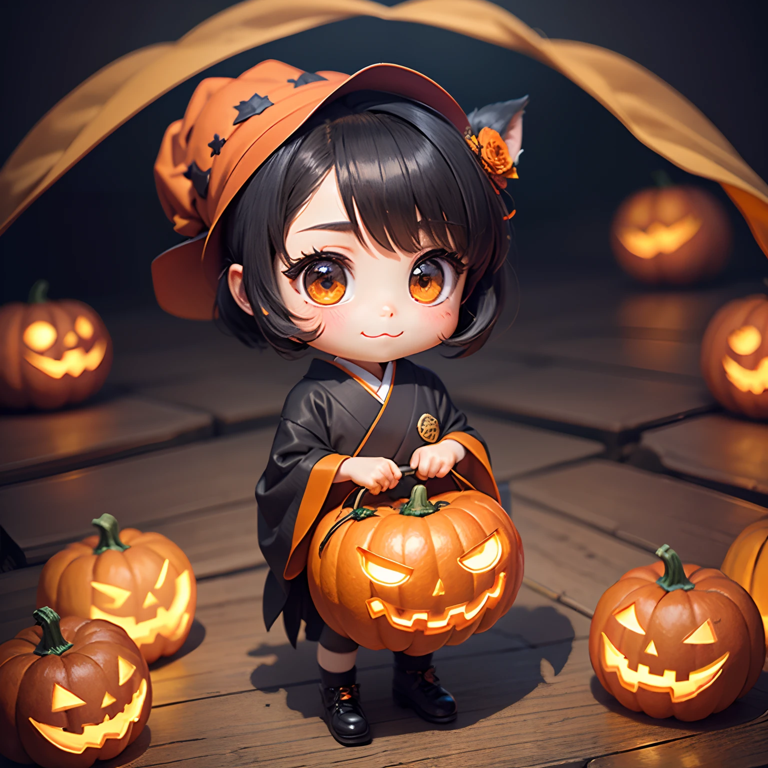 masterpiece、top-quality、ultra-detailliert、(Chibi Chara's Daughter:1.3)、(カボチャのブローチ🎃をモチーフにした暗い日本の着物:1.3),(カボチャのブローチをモチーフ🎃にした日本の髪飾り:1.2)、カボチャモチーフ🎃のハンドバッグ、Standing、A smile、Autumn Japan Garden、Halloween version、Chibi Chara
