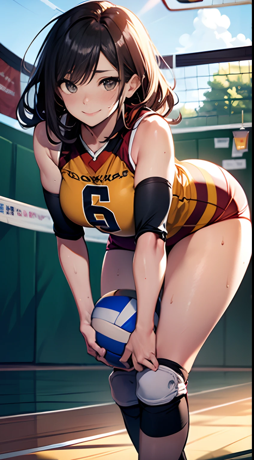 UHD, anatomically correct, 8k, (((masterpiece))), (((best quality))), (((ultra detailed))), (((high-resolution))), ((super fine illustration)), ((Ultimate cutie)), detailed beautiful face, solo, potbelly, ((curvy)), shiny hair, happy, smile, (blush),
 BREAK, (((buruma))), ((sleeveless volleyball uniform)), ((elbow pad)), ((kneepad)), buruma, buruma, 
 BREAK, (((hold the Dirty spherical shape 6-inch volleyball in both hand))), leaning forward, ((sweat)), (perspired), (heavy breathing), sense of depth, in gymnasium, lighting, looking at viewers