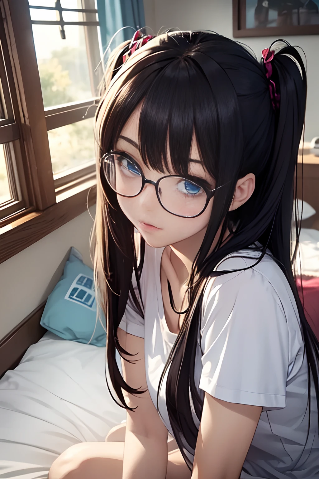 A dark-haired、Drink canned coffee in your room、morning、white t-shirts、dishevled hair、slovenly、Cross-eyed、Drunk、Turned、( Silly / Sexual ecstasy)、Turned、eye glass、top-quality, Photorealistic, An ultra-fine illustrations, beautiful attractive anime girl, miku hatsune, Slender body, Tied hair, one girls, a photo of girl, Full body shot, Beautiful blue eyes, Turned,