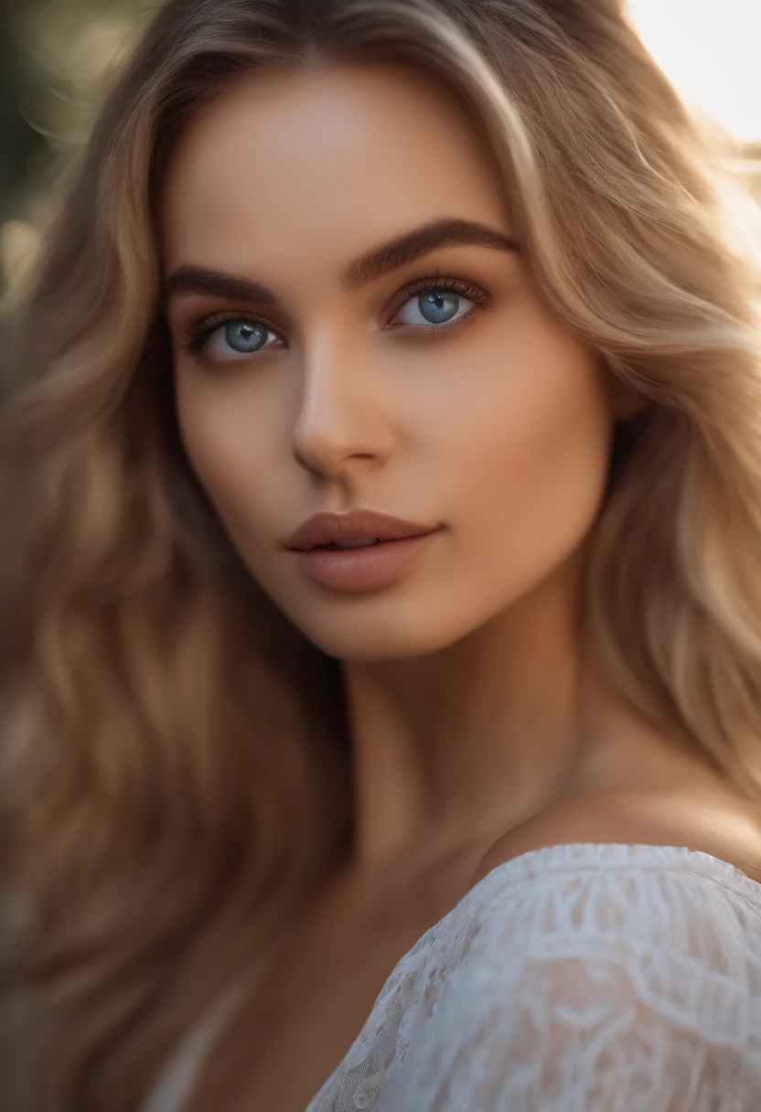 Arafed Woman, Sexy Girl with Blue Eyes, , Ultra Realistic, Meticulously Detailed, Portrait of Sophie Mudd, Blonde Hair and Big Eyes, Selfie of a Young Woman, Bedroom Eyes, Violet Myers, No Makeup, Natural Makeup, Looking Directly at the Camera, face artgram, subtle make-up, Impressive photo of the whole body kneeling on the bed, In the bedroom, Medium and large size chest, allowing the face to be seen clearly, portrait