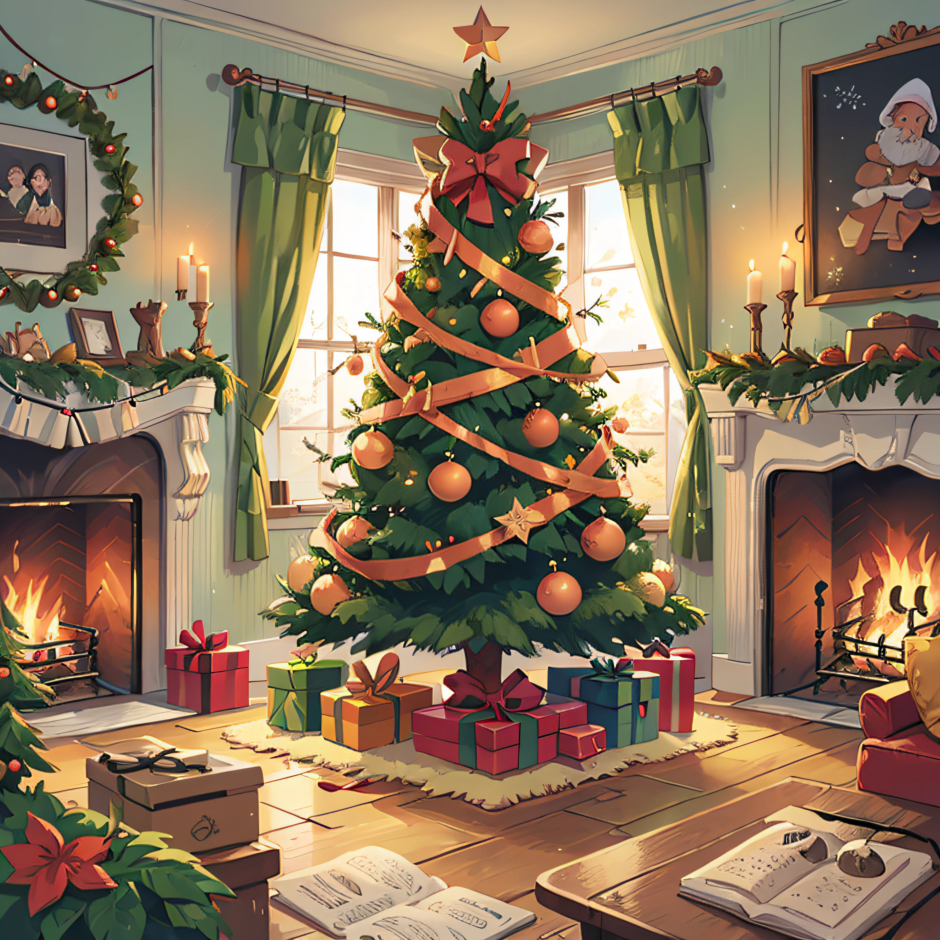 Christmas tree, present, fireplace, night, cartoon illustration style, vintage tone,