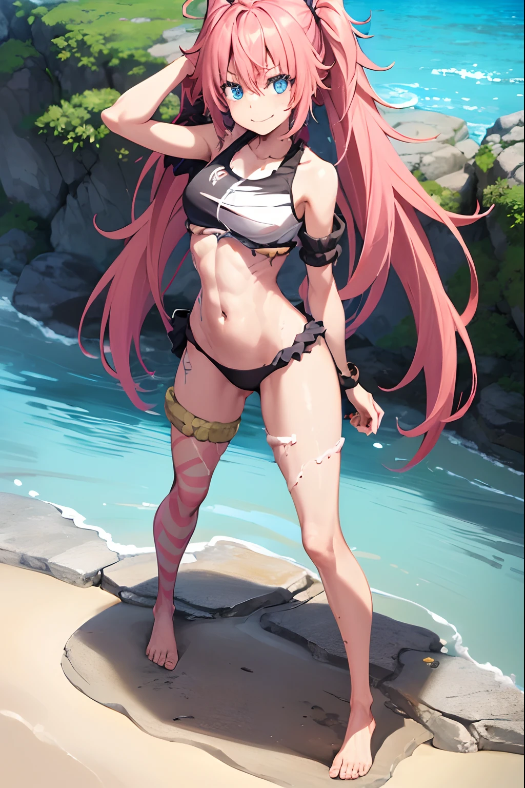 ((female)), (very messy hair), (happy smile), fangs, ((ripped abdomen)), toned arms and legs, medium breasts, excessive sweating, (summer beach scene), (((blue eyes bright pool))) , barefoot, standing, ((full body photo)), ((on top of a rock))