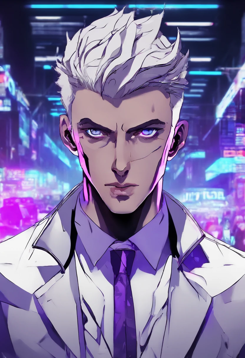 ((Skinny, lanky, normal, mid-30s, unshaven, white, ((American, pale skin, english)), male, businessman wearing a basic suit and tie, nose ring, tired, unhappy)), cowboy shot, (black short shaggy hair with purple highlights), ((office background)), (highly detailed photo realistic), sharp focus, ultra high quality, vibrant, masterpiece, (cinematic lighting), ((male))
