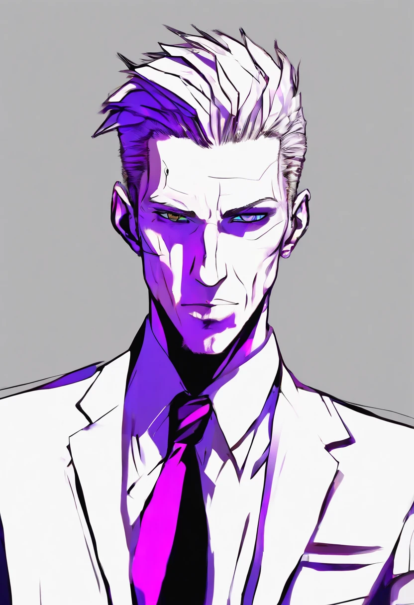 ((Skinny, lanky, normal, mid-30s, unshaven, white, ((American, pale skin, english)), male, businessman wearing a basic suit and tie, nose ring, tired, unhappy)), cowboy shot, (black short shaggy hair with purple highlights), ((office background)), (highly detailed photo realistic), sharp focus, ultra high quality, vibrant, masterpiece, (cinematic lighting), ((male))