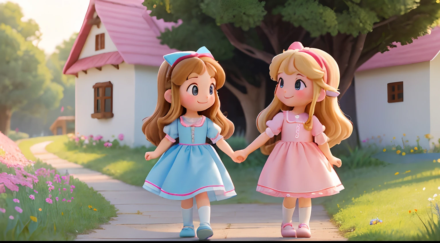 (Create an High quality, masterpiece image of a tranquil village at dawn. Show cozy, colorful cottages nestled among rolling hills. Include two characters, Princess Belle and Princess Jessie, holding hands and smiling with anticipation as they set out on their adventure.) (Princess Belle is 4--old,und face, Long eyelashes, rosy cheeks, idential same Long brown hair with pink bow headband, identical same beautiful cute pink dress, pink socks and white shoes.) (Princess Jessie is 6-year-olound e, Long eyelashes, rosy cheeks, identical same Long Blonde hair, identical elegant light blue dress, blue socks and white shoes.)
