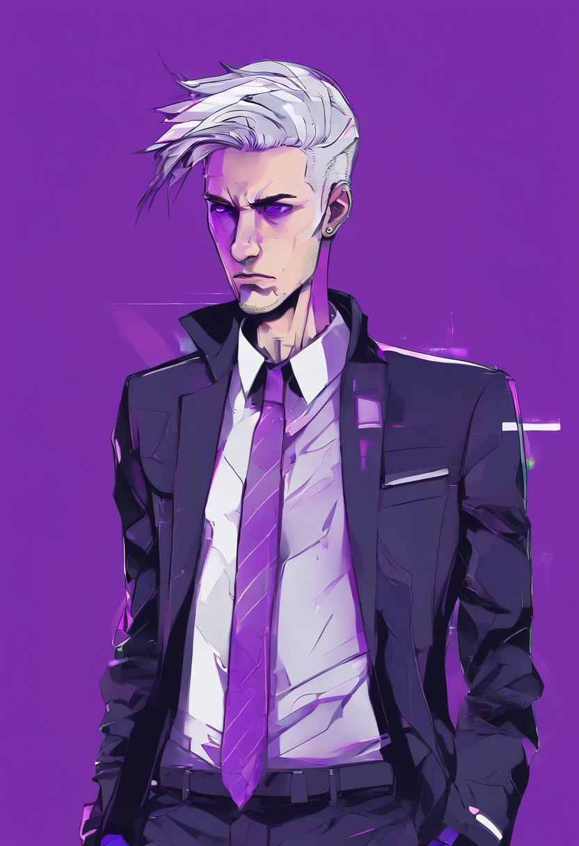 ((Skinny, lanky, normal, mid-30s, unshaven, white, ((American, pale skin, english)), male, businessman wearing a basic suit and tie, nose ring, tired, unhappy)), cowboy shot, (black short shaggy hair with purple highlights), ((office background)), (highly detailed photo realistic), sharp focus, ultra high quality, vibrant, masterpiece, (cinematic lighting), ((male))