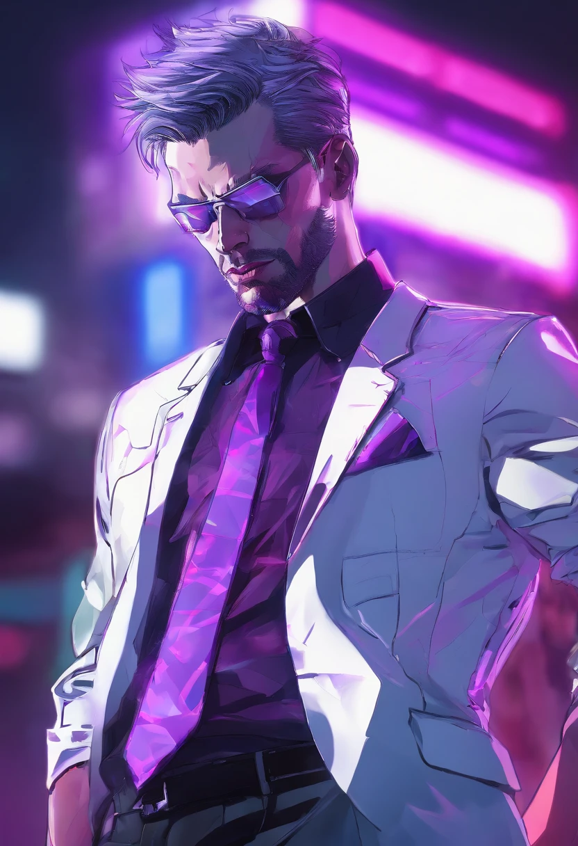 ((Skinny, lanky, normal, mid-30s, unshaven, white, ((American, pale skin, english)), male, businessman wearing a basic suit and tie, nose ring, tired, unhappy)), cowboy shot, (black short shaggy hair with purple highlights), ((sitting in their house)), (highly detailed photo realistic), sharp focus, ultra high quality, gloomy, masterpiece, (cinematic lighting), ((male))