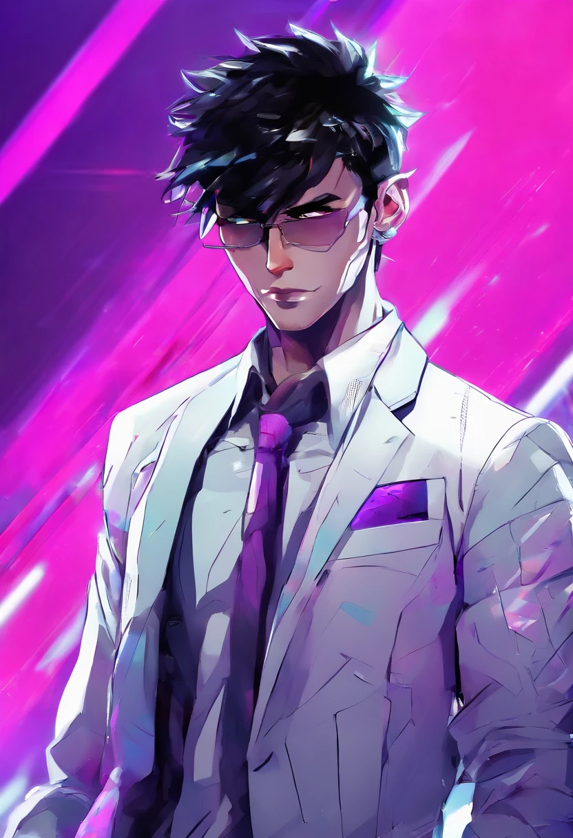 ((Skinny, lanky, normal, mid-30s, unshaven, white, ((American, pale skin, english)), male, businessman wearing a basic suit and tie, nose ring, tired, unhappy)), cowboy shot, (black short shaggy hair with purple highlights), ((office background)), (highly detailed photo realistic), sharp focus, ultra high quality, vibrant, masterpiece, (cinematic lighting), ((male))