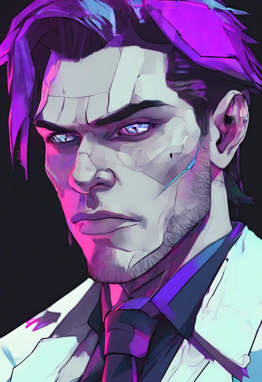 ((Skinny, lanky, normal, mid-30s, unshaven, white, ((American, pale skin, english)), male, businessman wearing a basic suit and tie, nose ring, tired, unhappy)), cowboy shot, (black short shaggy hair with purple highlights), ((office background)), (highly detailed photo realistic), sharp focus, ultra high quality, vibrant, masterpiece, (cinematic lighting), ((male))