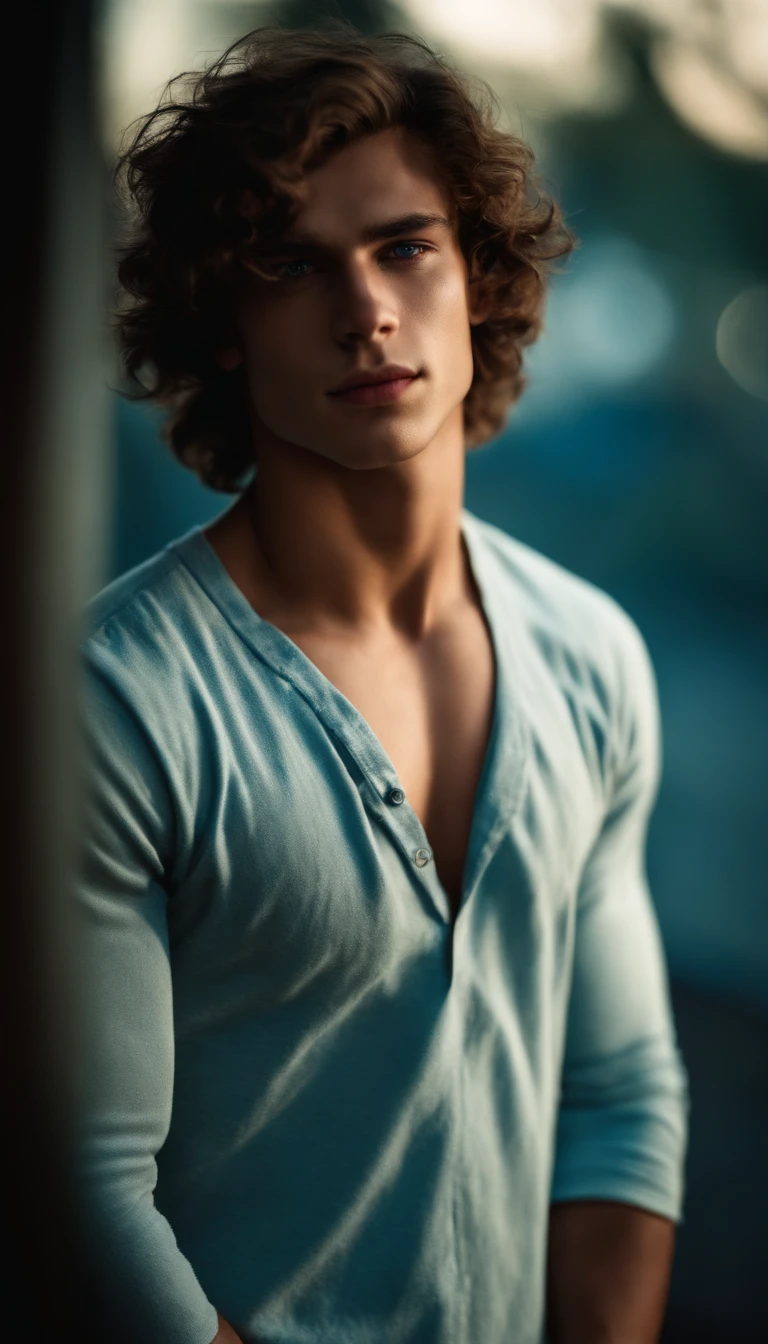 portrait of a handsome male model, 16 years old, shirtless, barechest, without beard, with dark messy wavy hair, super light blue eyes, thick lips, defined muscles, fit, ripped body, medium shot, ultra highest detailed face, darmatic lighting, dim light