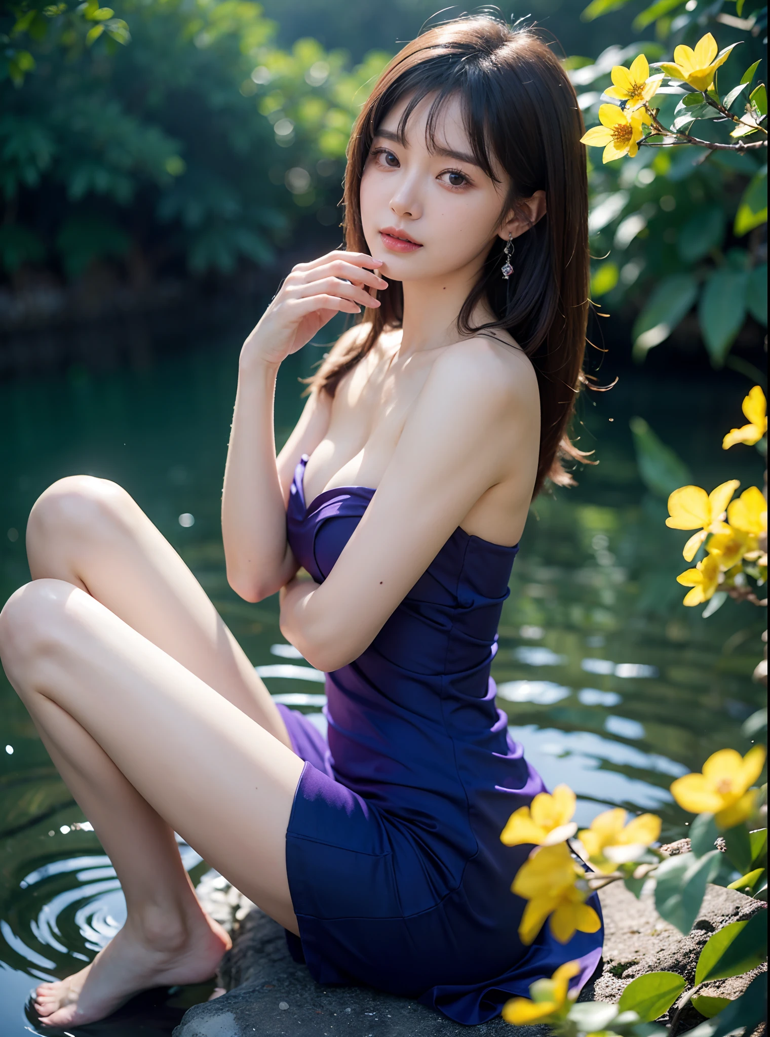 1 Girl, Very bright backlight, Solo, {beautiful-detailed eyes}, summer night, large full breasts, Brilliant moonlight, calm expression, Natural light and soft light, Hair fluttering in the breeze, delicate facial features, Blunt bangs, beautiful Korean girl, Eye Smile, Very small earrings, Sexy tight dresses, 20 yo, ((model poses)), Glamour body type, Fantastic night forest, (colorful hair, Half blue and half brunette:1.2), Water, liquid, natta, colourfull, watercolor, It blooms with blue and yellow flowers, (Red and purple theme), film grain,