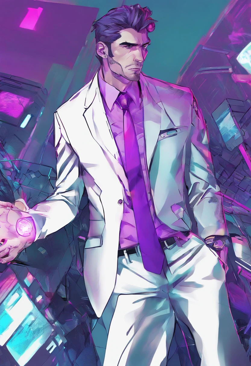 ((Skinny, lanky, normal, mid-30s, unshaven, white, ((American, pale skin, english)), male, businessman wearing a basic suit and tie, nose ring, tired, unhappy)), cowboy shot, (black short shaggy hair with purple highlights), ((office background)), (highly detailed photo realistic), sharp focus, ultra high quality, vibrant, masterpiece, (cinematic lighting), ((male))