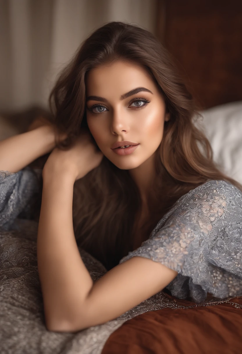 Arafed woman completely , fille sexy aux yeux bruns, ultra realist, Meticulously detailed, Portrait Sophie Mudd, cheveux bruns et grands yeux, selfie of a young woman, Dubai Eyes, Violet Myers, sans maquillage, maquillage naturel, looking straight at camera, Visage avec Artgram, Maquillage subtil, Great photo of the whole body kneeling on the bed, dans la chambre, Medium to large bust