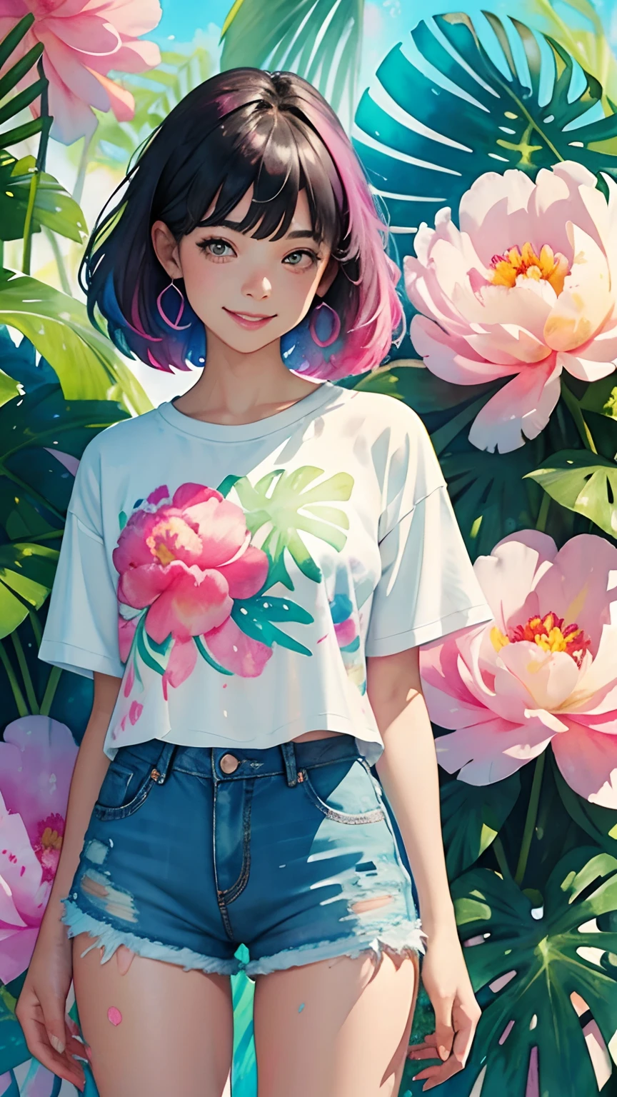 a tropical painting with a splatter background and spray paint effect, peony flowers design t-shirt and jean shorts, woman upper body centered, multi-color hair, big happy smile, watercolor art,  watercolor painting, watercolor painting style, watercolor detailed art, watercolor digital painting, watercolor paint, masterfully detailed watercolor, watercolor art