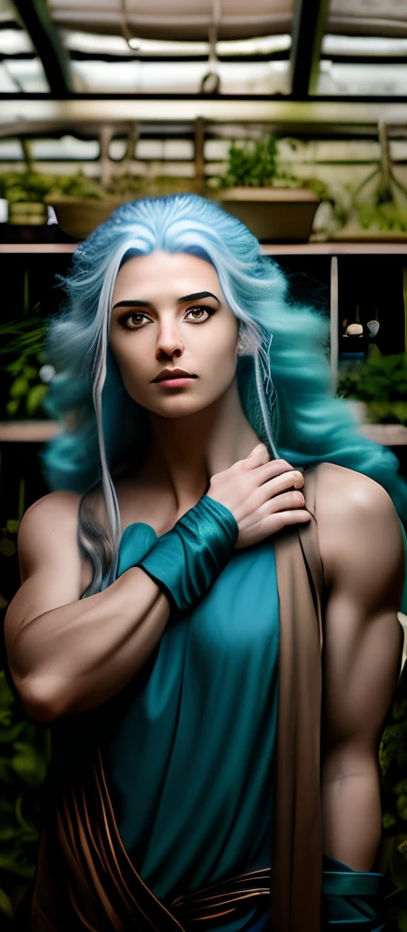 garota, anime, monge, fisiculturista, cabelo curto arrepiado, cabelo azul bronze, olhar intimidador, Pose forte, scars on the arms, Arte realista