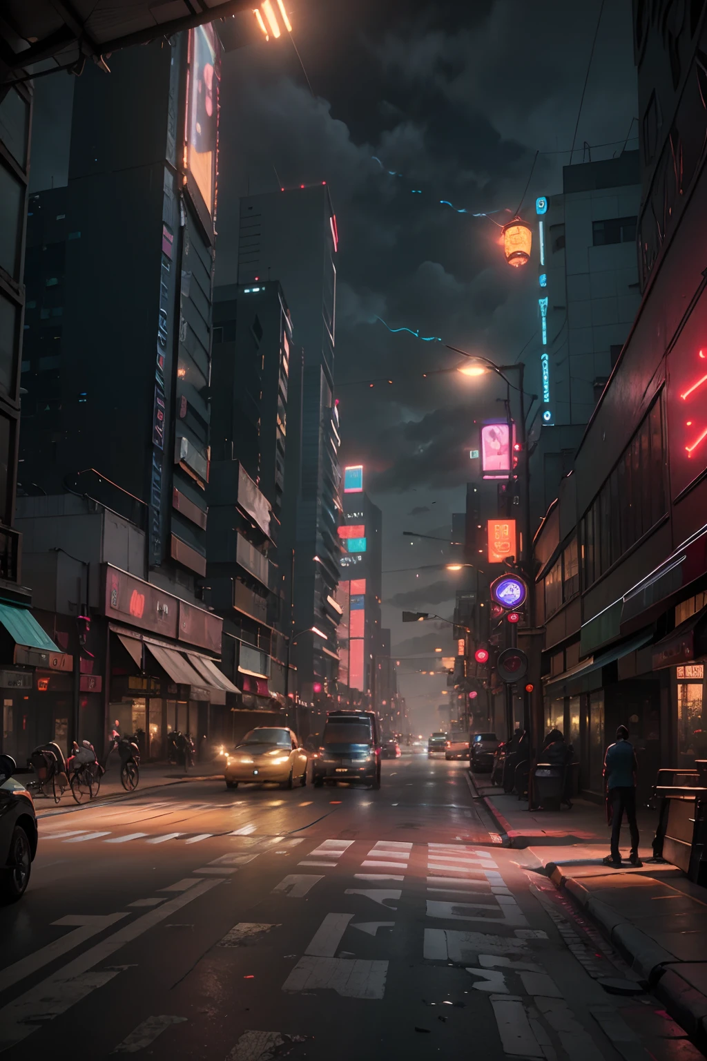 Cyberpunk Blade Runner cityscape street scene with towering skyscrapers, ((glowing neon signs)) and LED lights, traffic with (futuristic cyberpunk cars) and flying cars in the sky, bright colors contrasting with dark atmosphere, (cinematic lighting), extremely detailed.