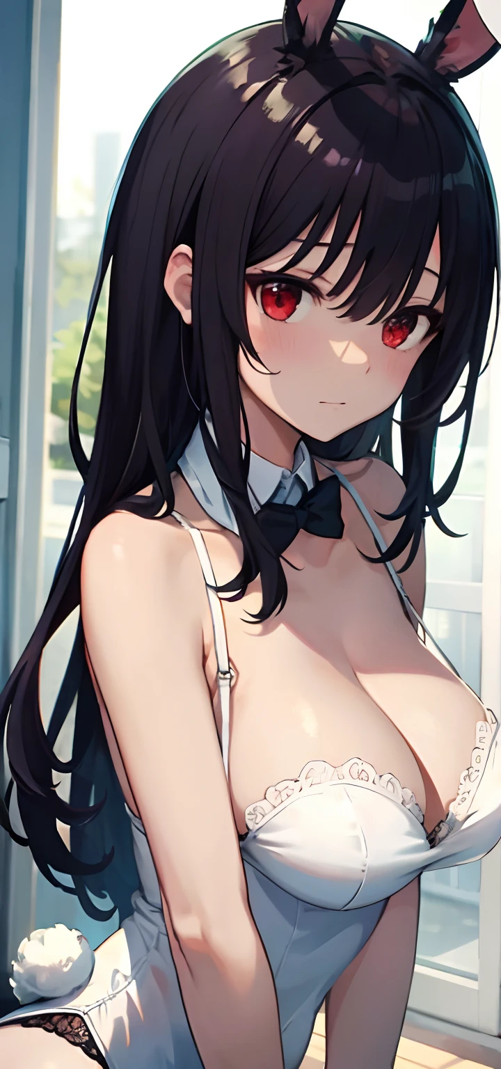 masterpiece, best quality, finely detailed, high resolution, extremely delicate and beautiful, (bunny girl), (breasts), (red eyes), (sweating)