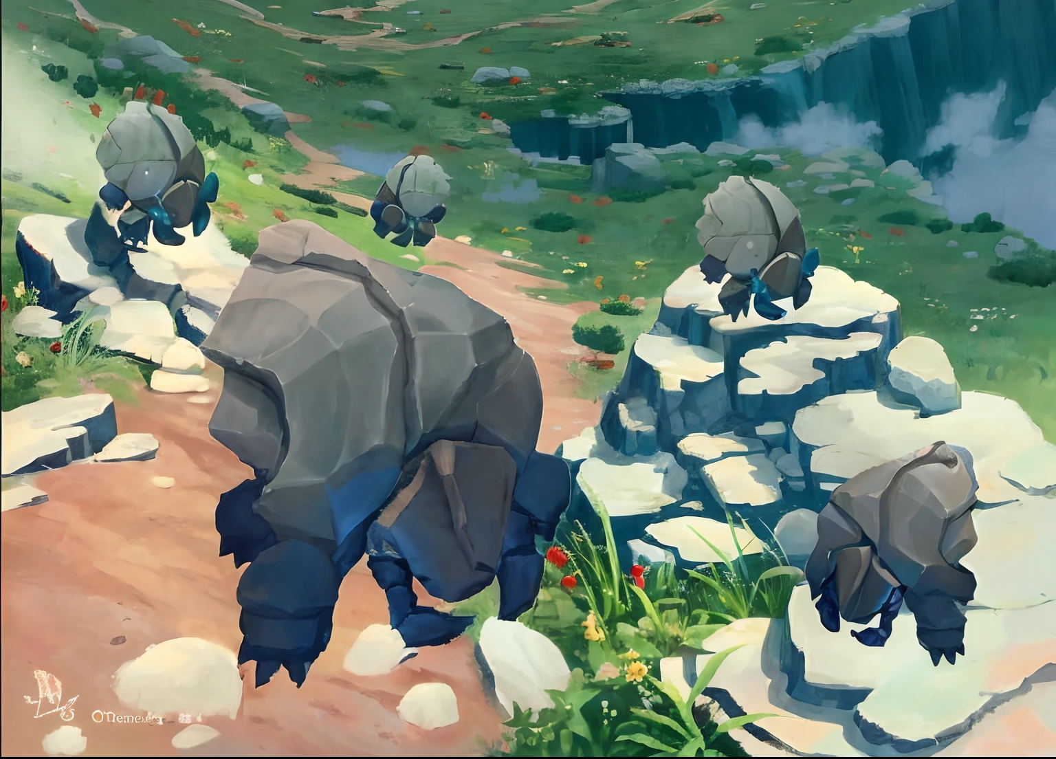 There are some very large animals walking on a rocky path, Arte Zoids, arte conceitual, arte conceitual, Blastoise, arte conceitual oficial, Cushart Krenz, Arte Oficial, arte conceitual estilizada, pintado como uma arte conceitual de jogo, Earth-type Pokémon, hermit crab titan, Krenz Cushart e Artem Demura, Directed by: Kieran Yanner
