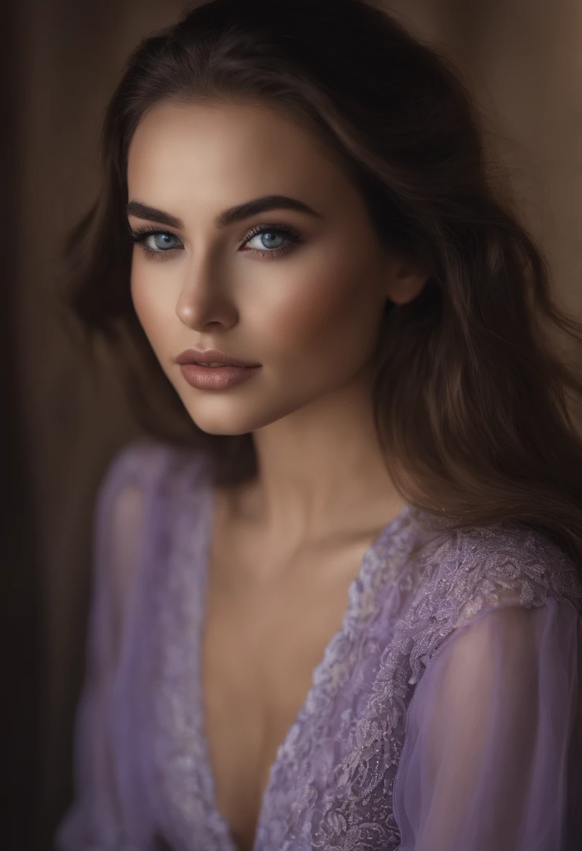 Arafed woman completely , fille sexy aux yeux bleus, ultra realist, Meticulously detailed, Portrait Sophie Mudd, cheveux bruns et grands yeux, selfie of a young woman, Dubai Eyes, Violet Myers, sans maquillage, maquillage naturel, looking straight at camera, Visage avec Artgram, Maquillage subtil, Great photo of the whole body kneeling on the bed, dans la chambre, Medium to large bust