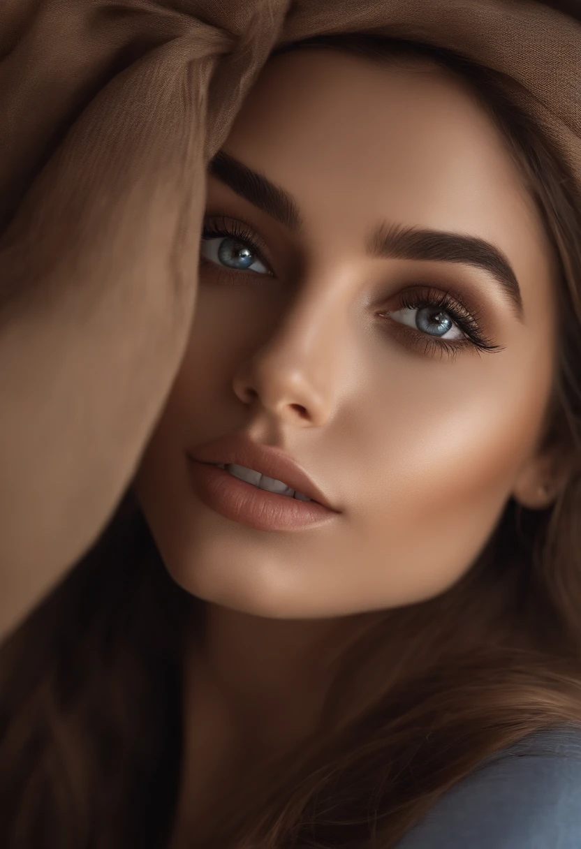 Arafed woman completely , fille sexy aux yeux bleus, ultra realist, Meticulously detailed, Portrait Sophie Mudd, cheveux bruns et grands yeux, selfie of a young woman, Dubai Eyes, Violet Myers, sans maquillage, maquillage naturel, looking straight at camera, Visage avec Artgram, Maquillage subtil, Great photo of the whole body kneeling on the bed, dans la chambre, Medium to large bust
