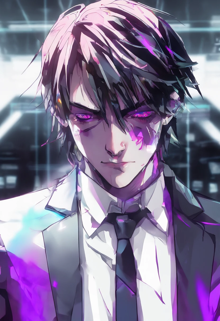 ((Skinny, lanky, normal, mid-30s, unshaven, white, ((American, pale skin, english)), male, businessman wearing a basic suit and tie, nose ring, tired, unhappy)), cowboy shot, (black short shaggy hair with purple highlights), ((office background)), (highly detailed photo realistic), sharp focus, ultra high quality, vibrant, masterpiece, (cinematic lighting), ((male))