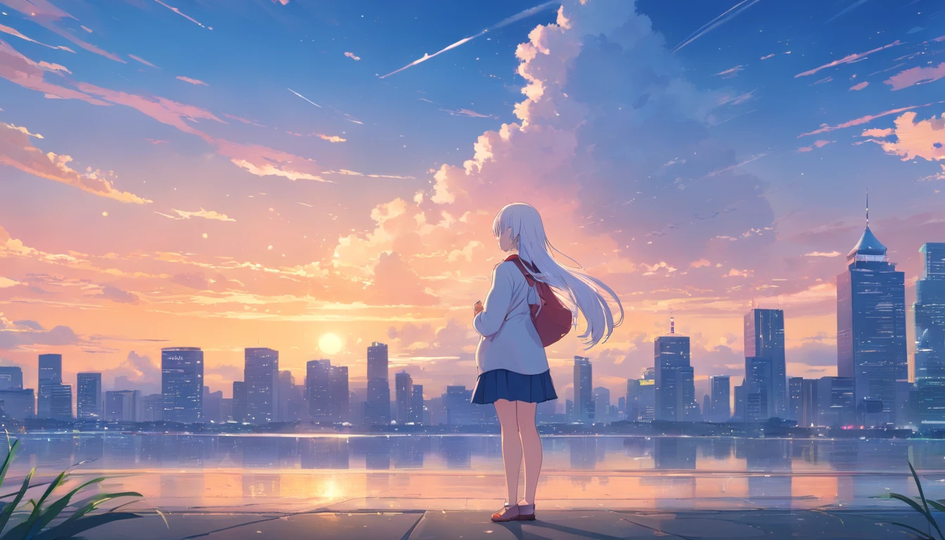 Chinese ink style,Hyper-detailing,comic strip,China-style,pupils,school ground,starrysky,highly detailed surreal vfx,Smudge,Faraway view,super-fine,ultra - detailed,high quality,8K ,1girl with very long white hair standing alone