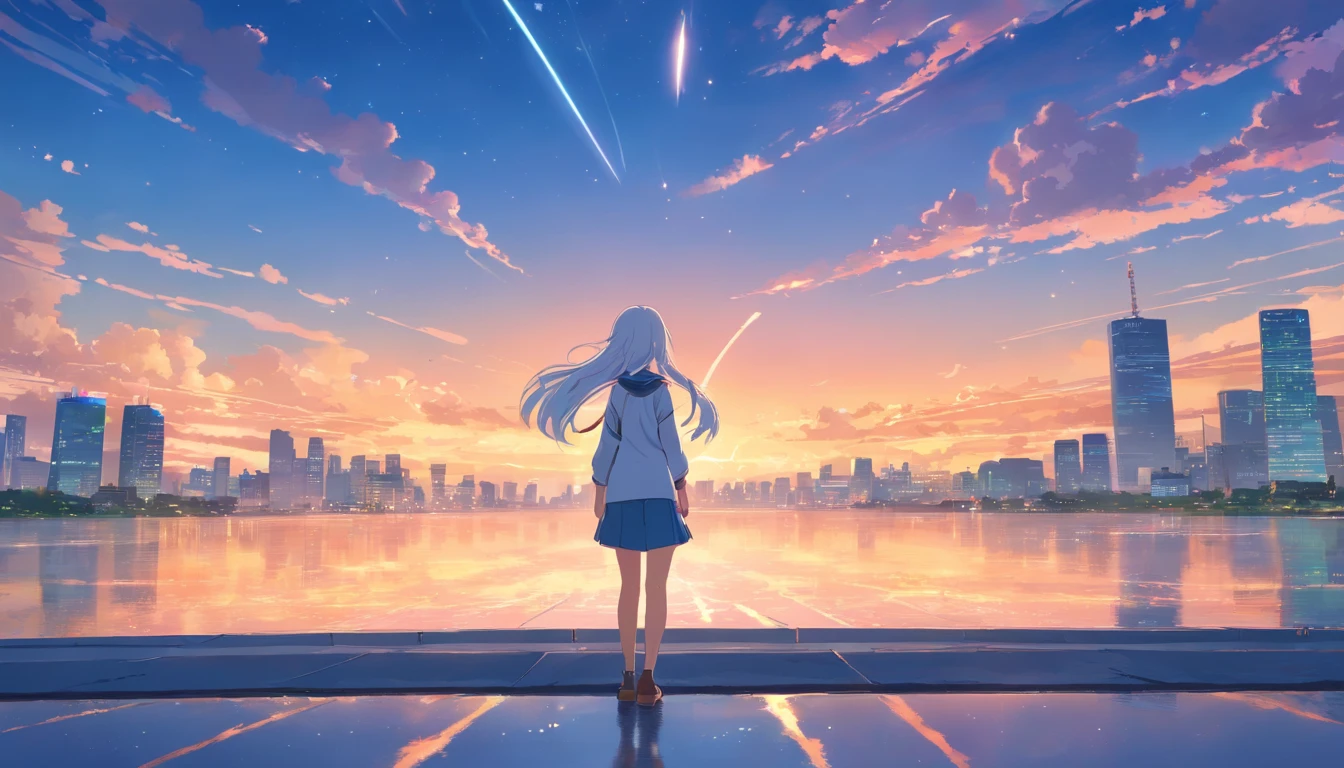 Chinese ink style，Hyper-detailing，comic strip，China-style，pupils，school ground，starrysky，highly detailed surreal vfx，Smudge，Faraway view，super-fine，ultra - detailed，high quality，8K ，1girl with very long white hair standing alone