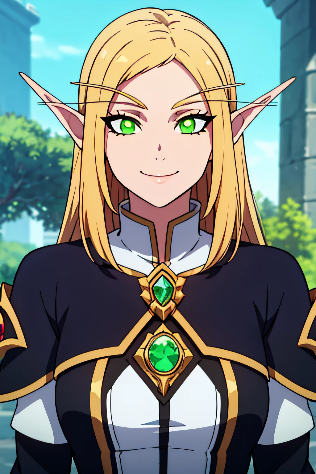 bldelf, glowing eyes, colored sclera, blonde hair, green eyes, 1girl, solo, facing viewer, looking at viewer, upper body, smile.