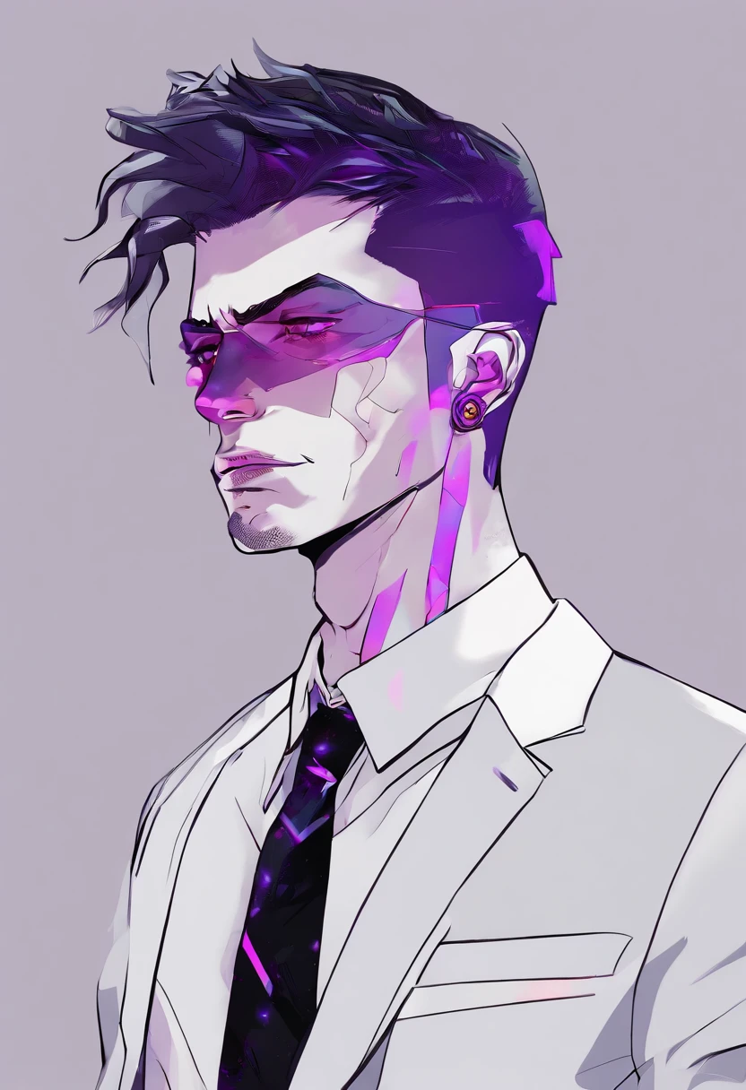 ((Skinny, lanky, normal, mid-30s, unshaven, white, ((American, pale skin, english)), male, businessman wearing a basic suit and tie, nose ring, tired, unhappy)), cowboy shot, (black short shaggy hair with purple highlights), ((office background)), (highly detailed photo realistic), sharp focus, ultra high quality, vibrant, masterpiece, (cinematic lighting), ((male))