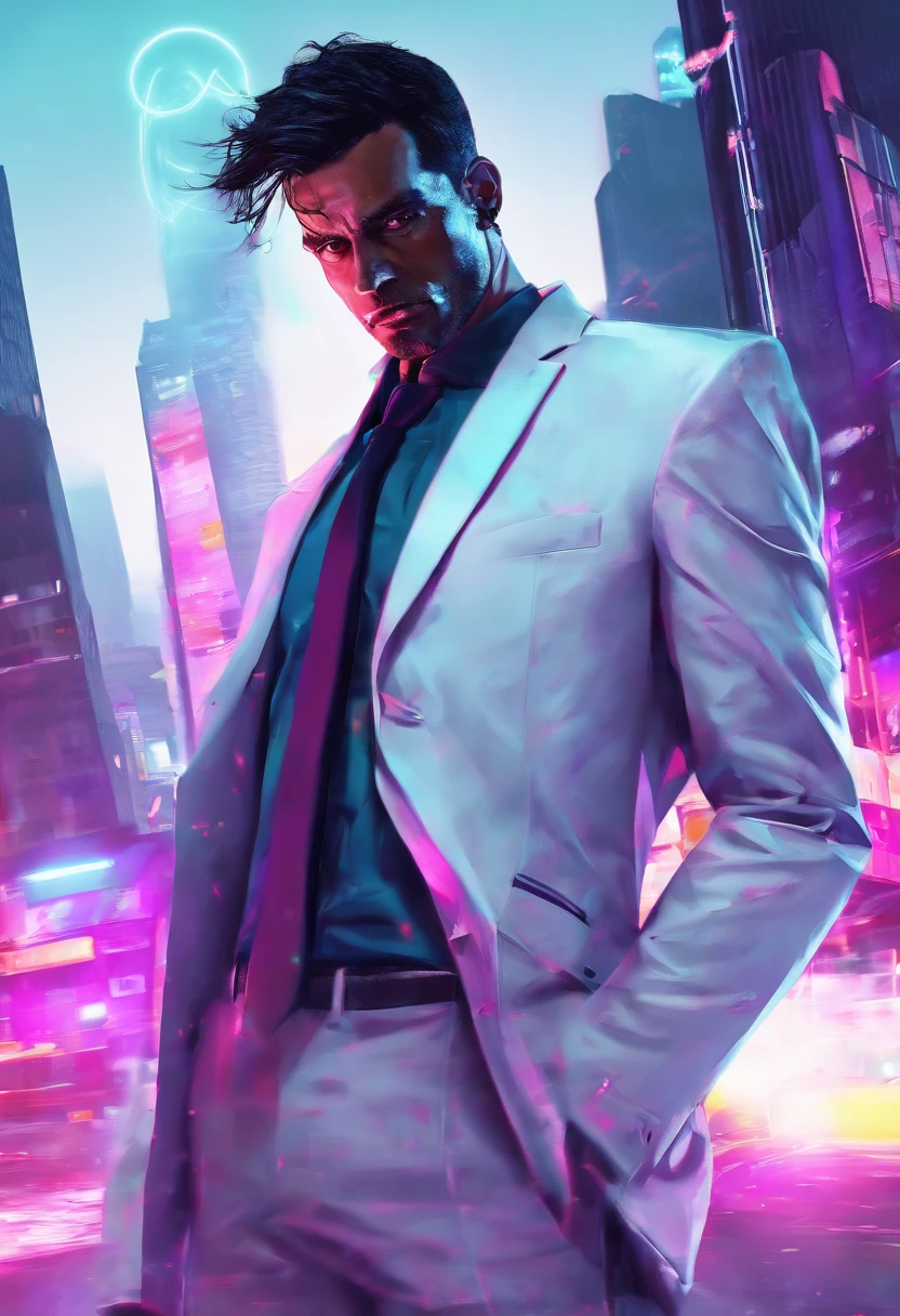 ((Skinny, lanky, normal, mid-30s, unshaven, white, ((American, pale skin, english)), male, businessman wearing a basic suit and tie, nose ring, tired, unhappy)), cowboy shot, (black short shaggy hair with purple highlights), ((office background)), (highly detailed photo realistic), sharp focus, ultra high quality, vibrant, masterpiece, (cinematic lighting), ((male))
