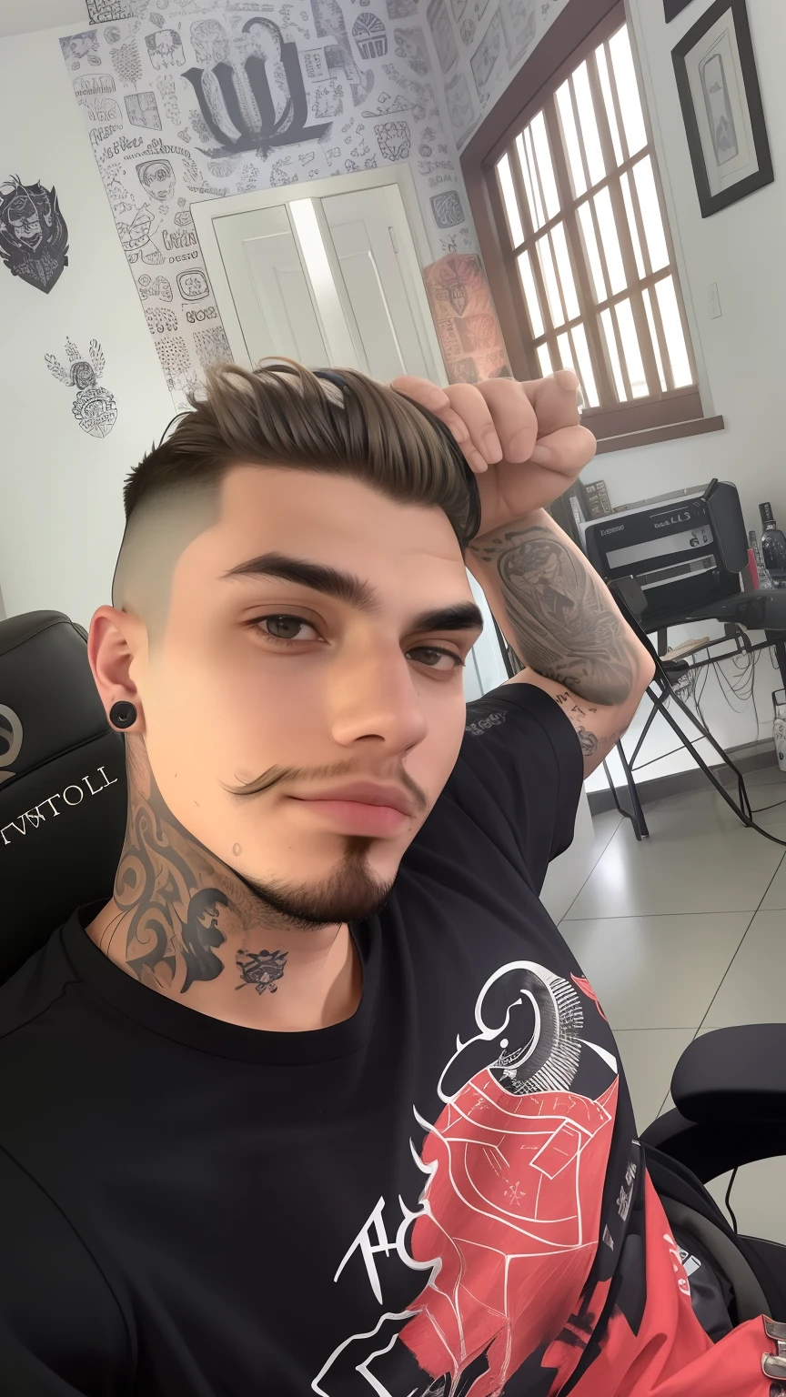 Man with a tattoo on his neck sitting on a chair, Streamer do Twitch / Jogador Ludwig, neckbeard, mateus 9 5, Coberto, maxwell boas, Msxotto, 2 3 anos, com tatuagens, 2 7 anos, com tatuagem facial, 2 8 anos, 2 2 anos