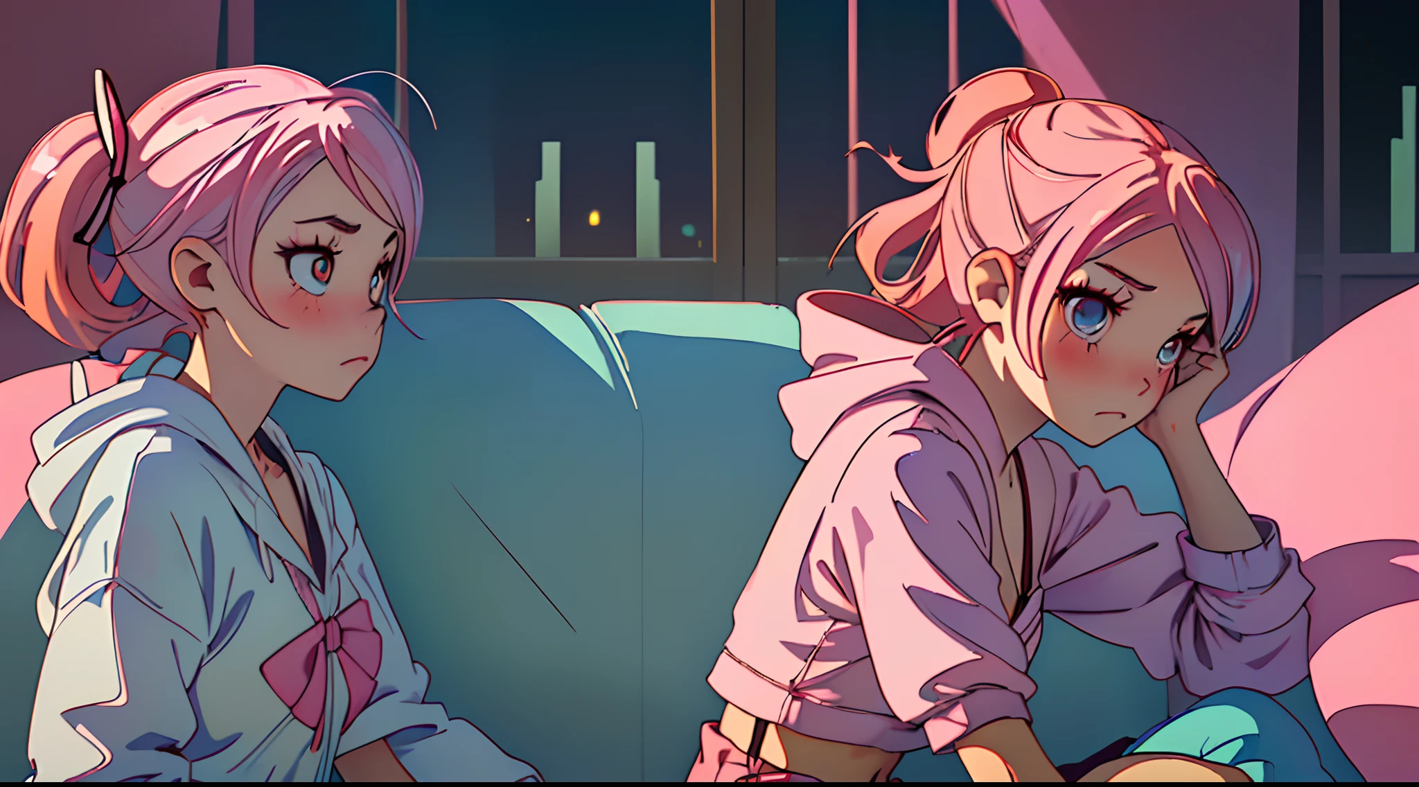 His name is Rin、Makeup Time、casual hoodie、Soft sofa、deep in the night、(Cute Pastel Room:1.3)、Surprised、
Romper
(top-quality、​masterpiece、8K、ighly detailed、kawaii girl)、(1girl in:1.5)、(Lori:1.3)、red blush、(toView:1.2)、(Cute Bra:1.2)、(Silk Hot Pants:1.1)、
(Platinum Pink Hair)、(eyeshadows:1.1)、glowy skin、(mascara:1.0)、(middlebreast:1.5)、break、
(from the front side:1.8)、(sitting on:1.3)、Raw feet、
break
Ultra-high resolution、absurderes、(highly detailed back ground:1.1)、Official Art、Dramatic Lighting、IQ20000、10 images