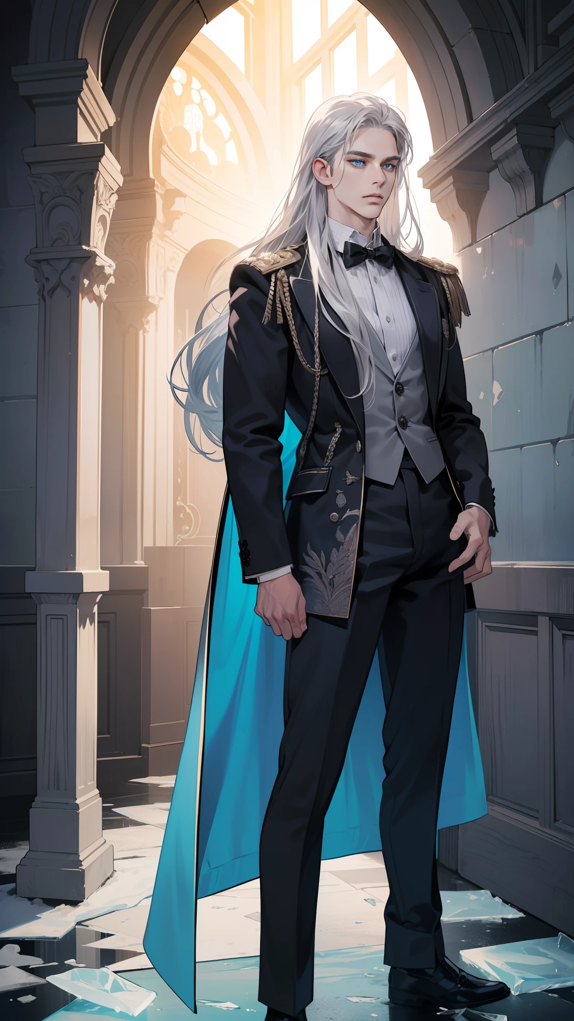 masterpiece, best quality, realistic, 1man, mature male, quiet and charming young man, 28 years old, serious look, extremely detailed face, ((ice blue eyes)), ((long sliver hair)), [thick eyebrows], emperor, detailed background, ((suit)), cinematic lighting, looking at the audience, posture dynamics, smirk, blue cape, black suit, black pants, (long silver-haired, blue-eyed man, standing in dark hallway, :1.5), (masterpiece, top quality, best quality, beautiful illustration, official art, wide angle, beautiful and aesthetic,1 man,:1.5), Masterpiece Background Midnight, Darkness, Dark Room, Dark tone, castle, castle windows, Moonlight, (Moonlight Only: 1.5), angry, Bewitching, long hair