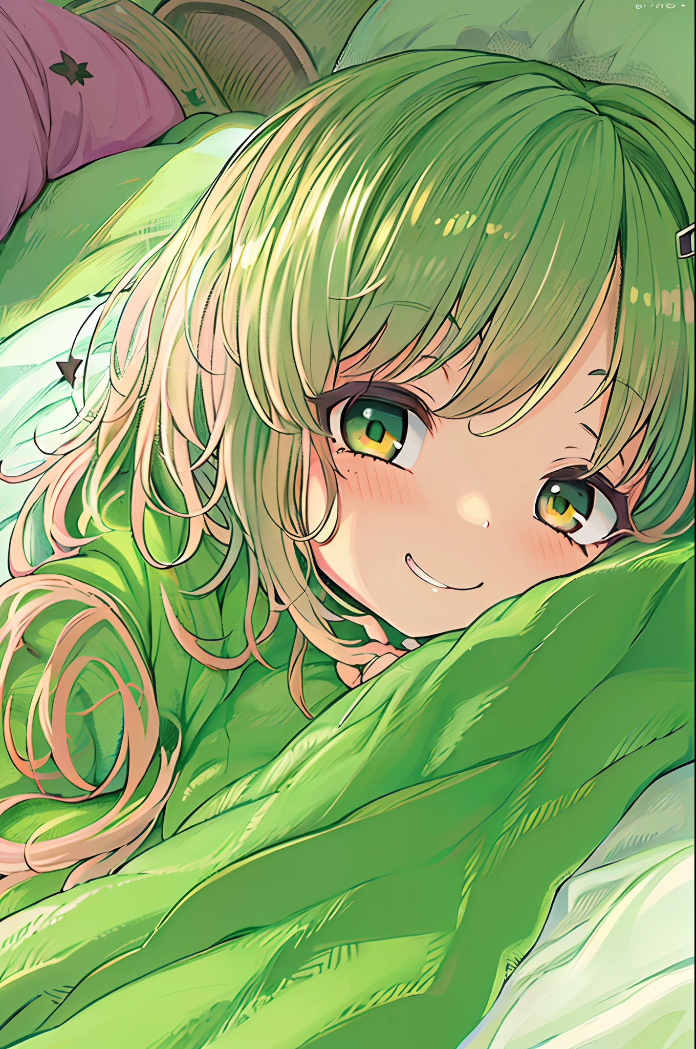 Anime girl lying on bed with green sheets and green blanket, Cute anime girl, cute kawaii girl, Cute Anime, extremely cute anime girl face, Anime visuals of cute girls, Cute anime face, (Anime Girl), Lying in bed, sleepy expression, little shy smile, small curvy loli, waking up, lyin in bed, portrait of cute anime girlbabes