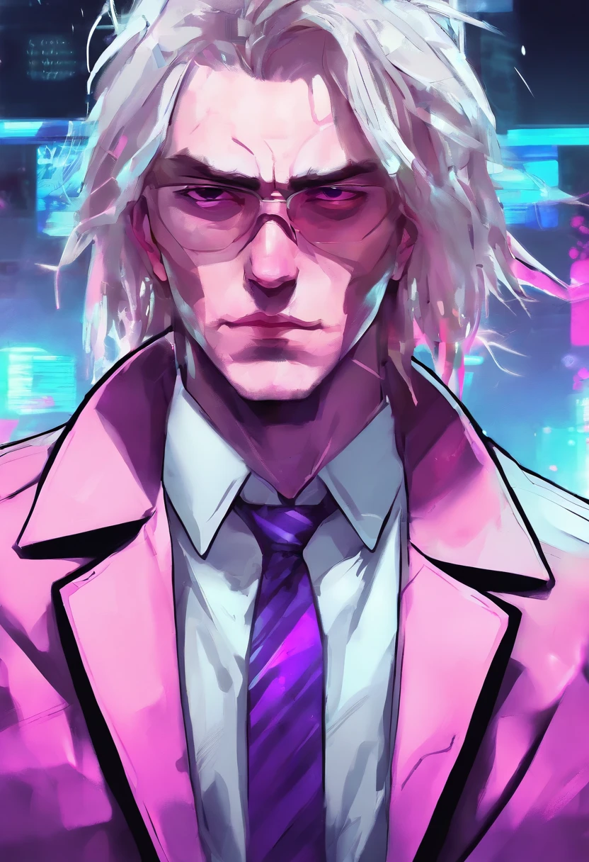 ((Skinny, lanky, normal, mid-30s, unshaven, white, ((American, pale skin, english)), male, businessman wearing a basic suit and tie, nose ring, tired, unhappy)), cowboy shot, (black short shaggy hair with purple highlights), ((office background)), (highly detailed photo realistic), sharp focus, ultra high quality, vibrant, masterpiece, (cinematic lighting), ((male))