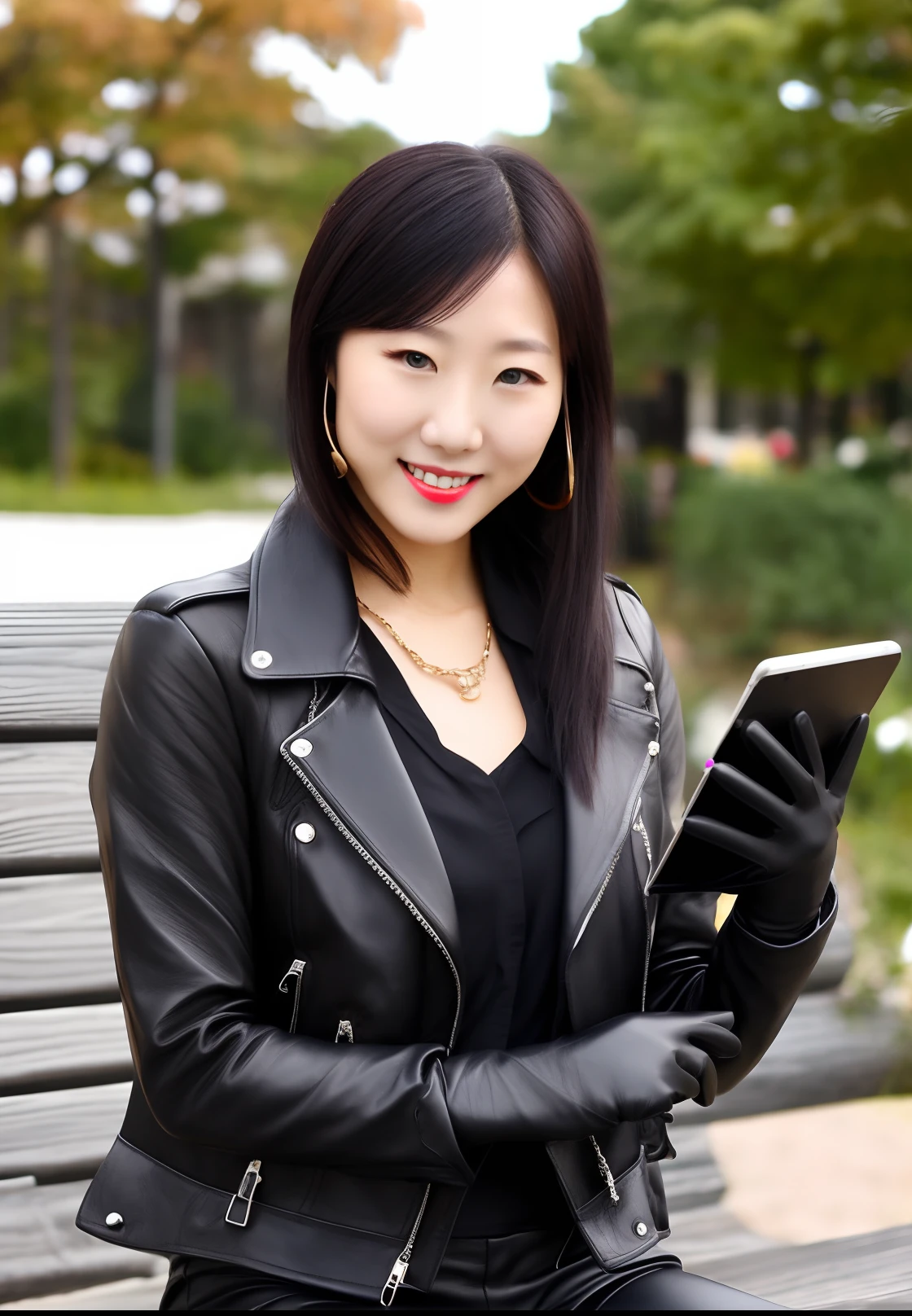 Japanese young cute smiling female secretary, black leather rider's jacket, black leather shirt, black leather skinny pants, black leather long boots, wearing black leather gloves in both hands, 8K, sitting on a summer park bench in the early afternoon, ((with both hands of black leather gloves)), smilingly operate the tablet, necklace, earrings, rider gloves next to it, black leather gloves on both hands, black hair ponytail